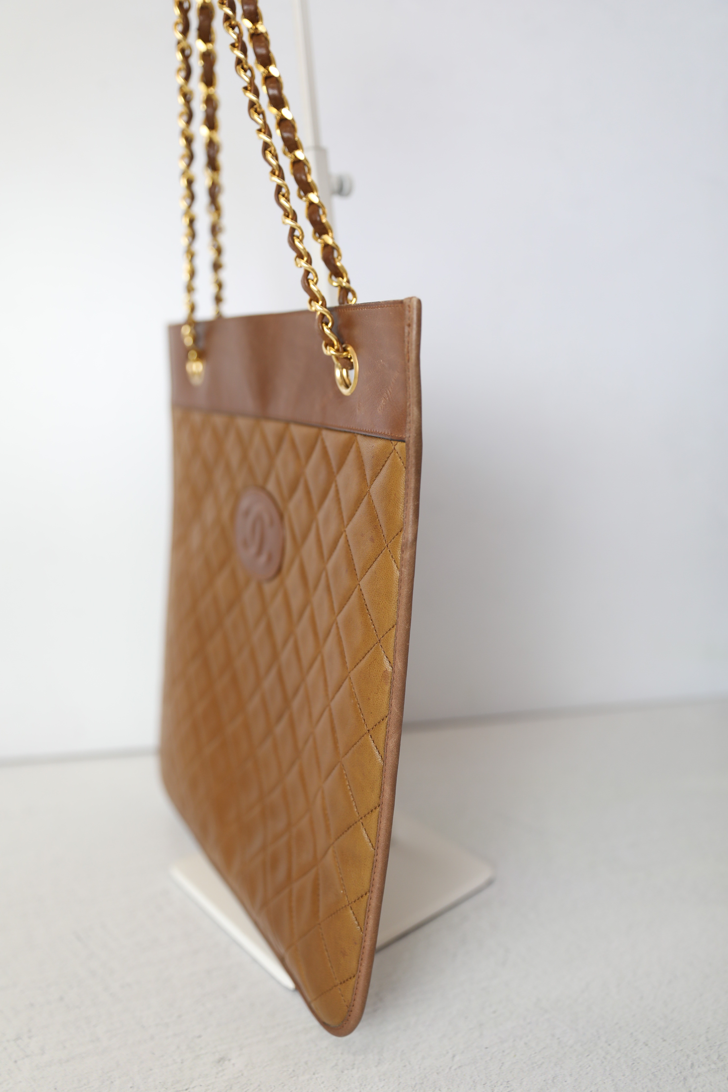 CHANEL Vintage Stitched CC Large Tote Brown Suede Gold Hardware Shoulder Bag  New