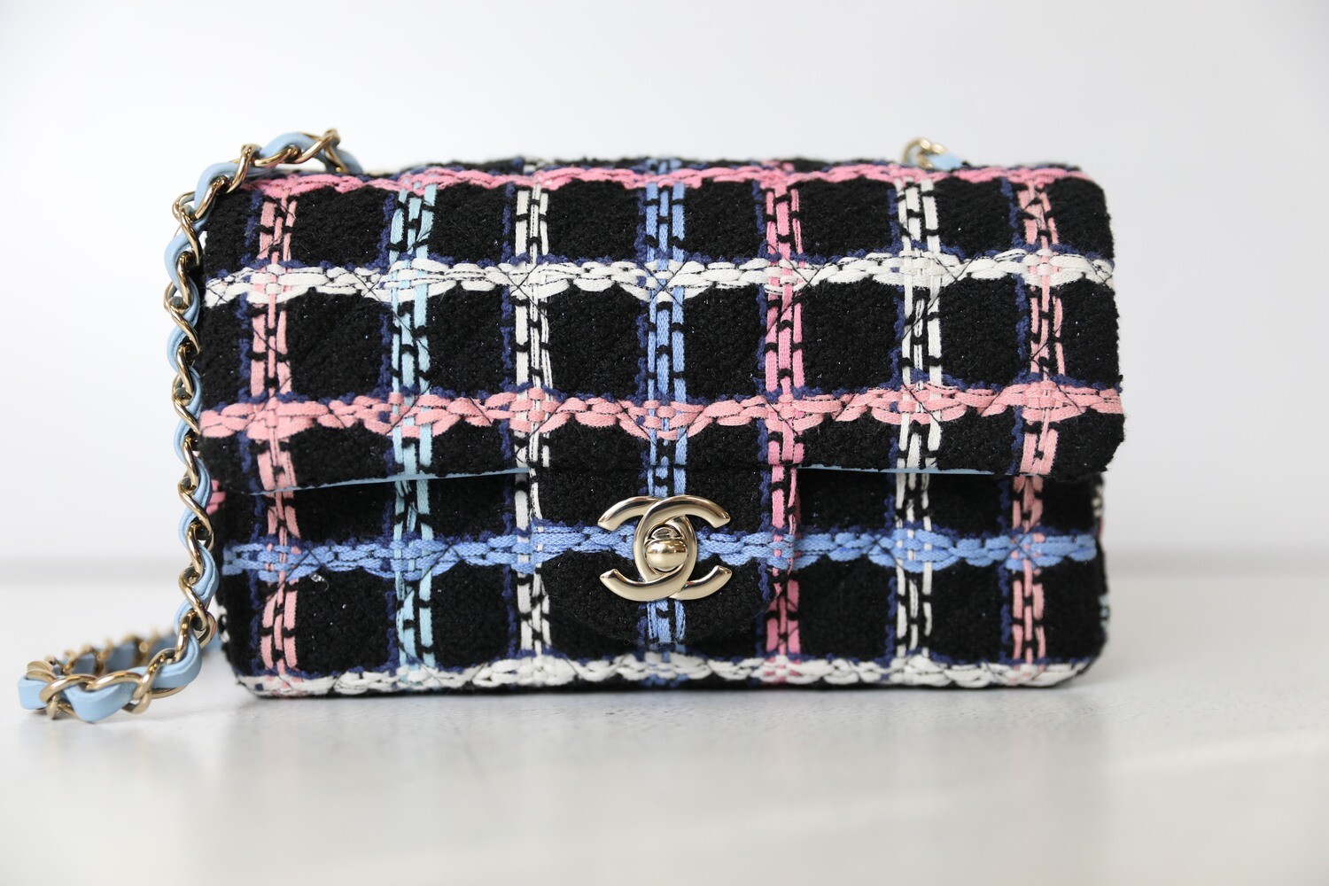 Chanel Mini Rectangular, Black with Pink/White/Blue Tweed Stitching,  Preowned in Box WA001