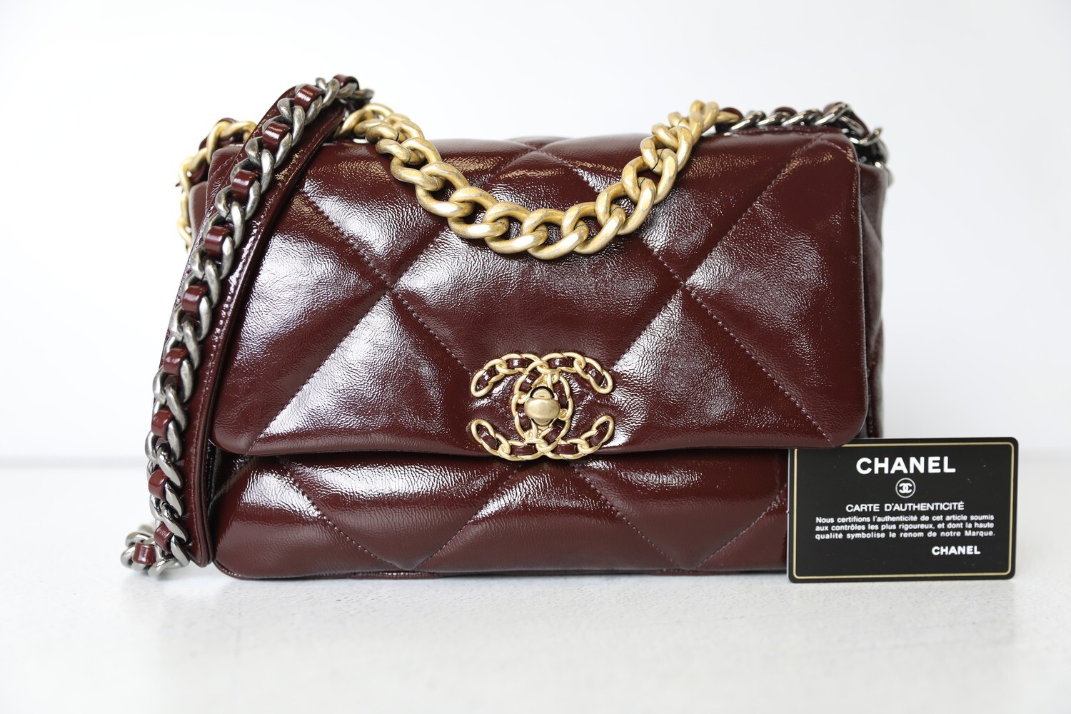 Chanel 19 Small, Maroon Red Glazed Leather, Preowned in Box WA001