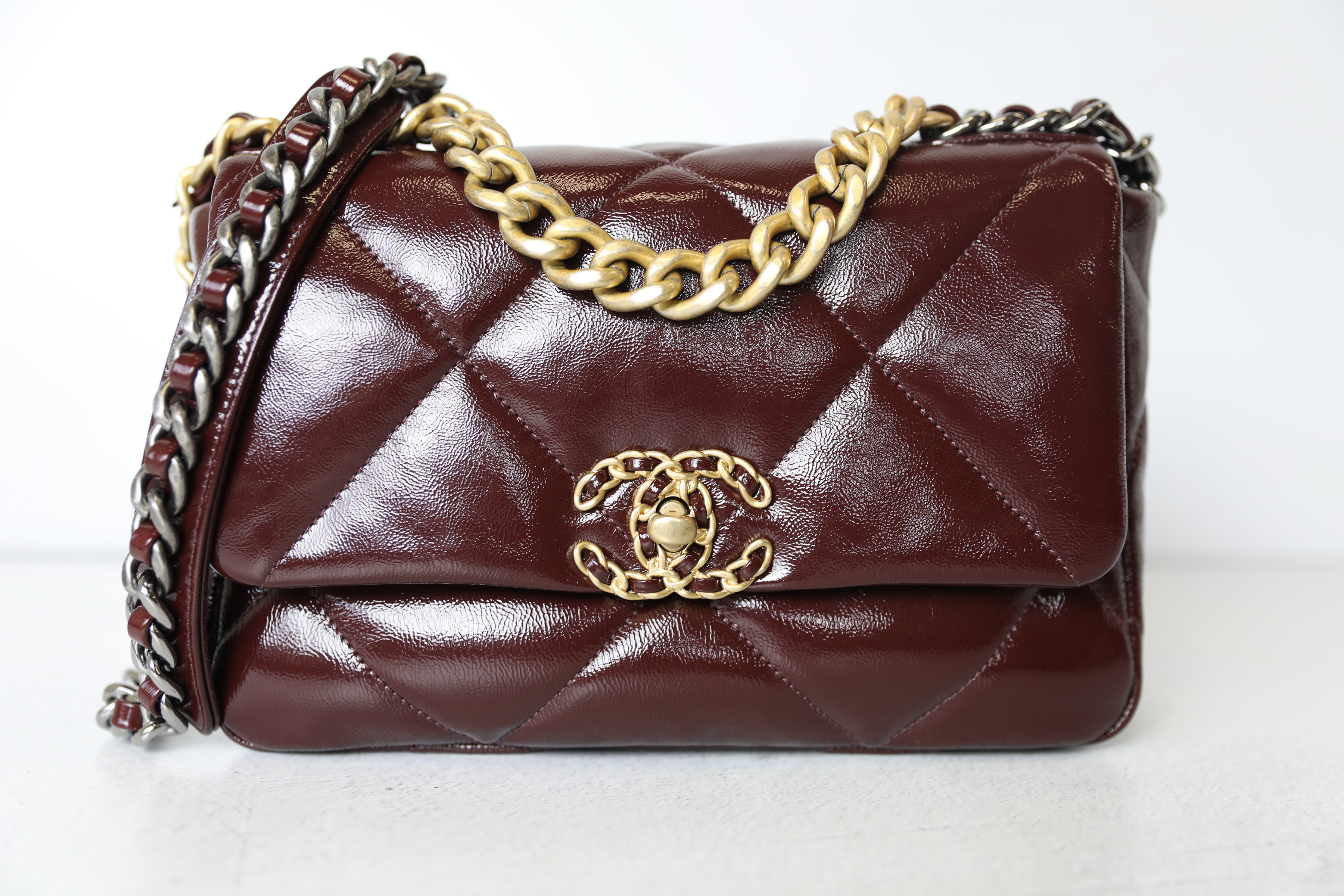 Chanel 19 Small, Maroon Red Glazed Leather, Preowned in Box