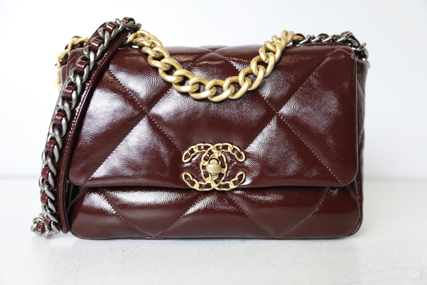 Chanel 19 Small Maroon Red Glazed Leather Preowned in Box WA001
