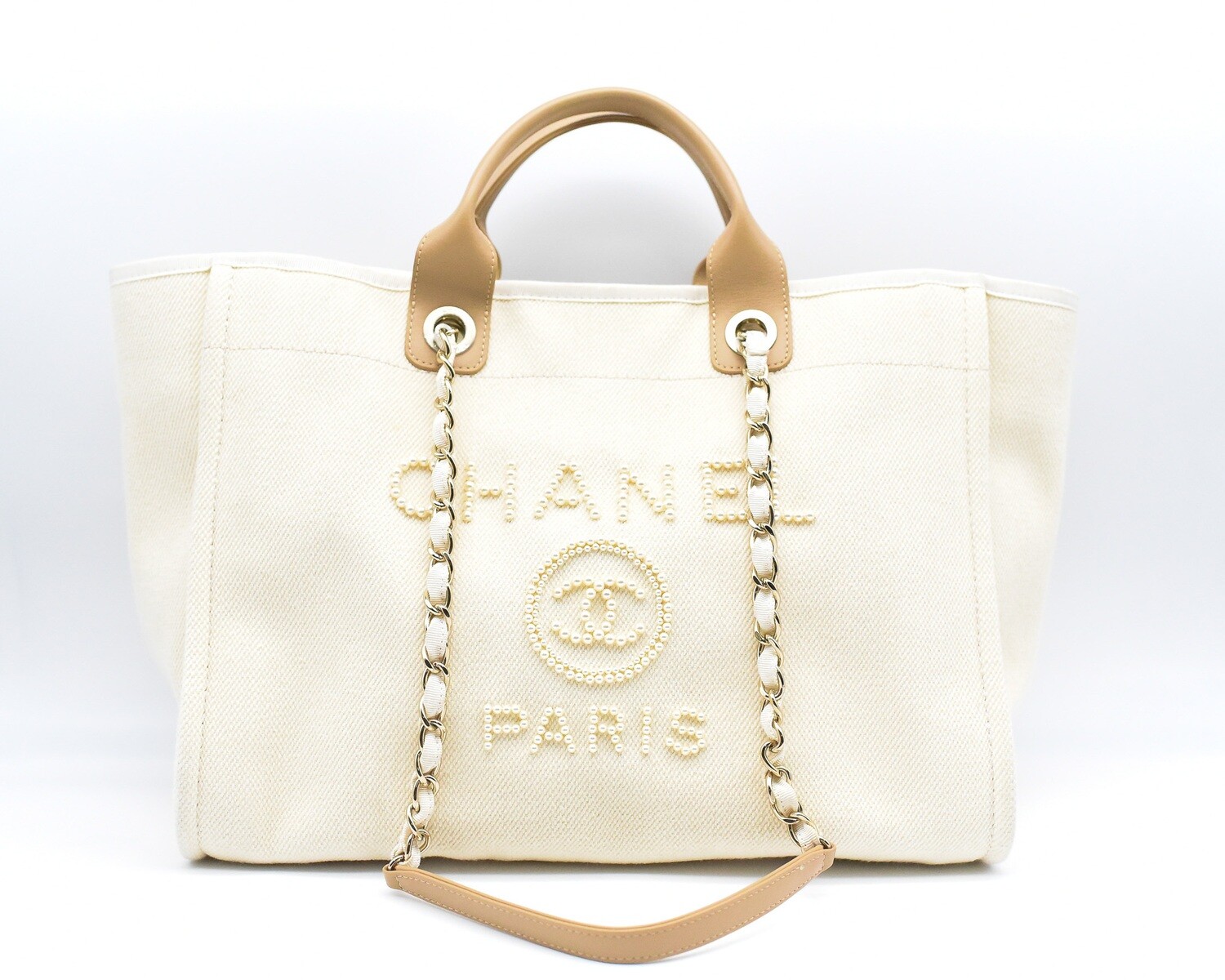 Chanel Deauville Large, Ivory/White Pearl, Gold Hardware, Preowned in Box MA001