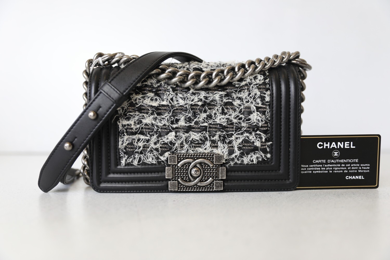 Chanel Silver Chevron Caviar Leather Boy Classic Wallet on Chain Chanel   TLC