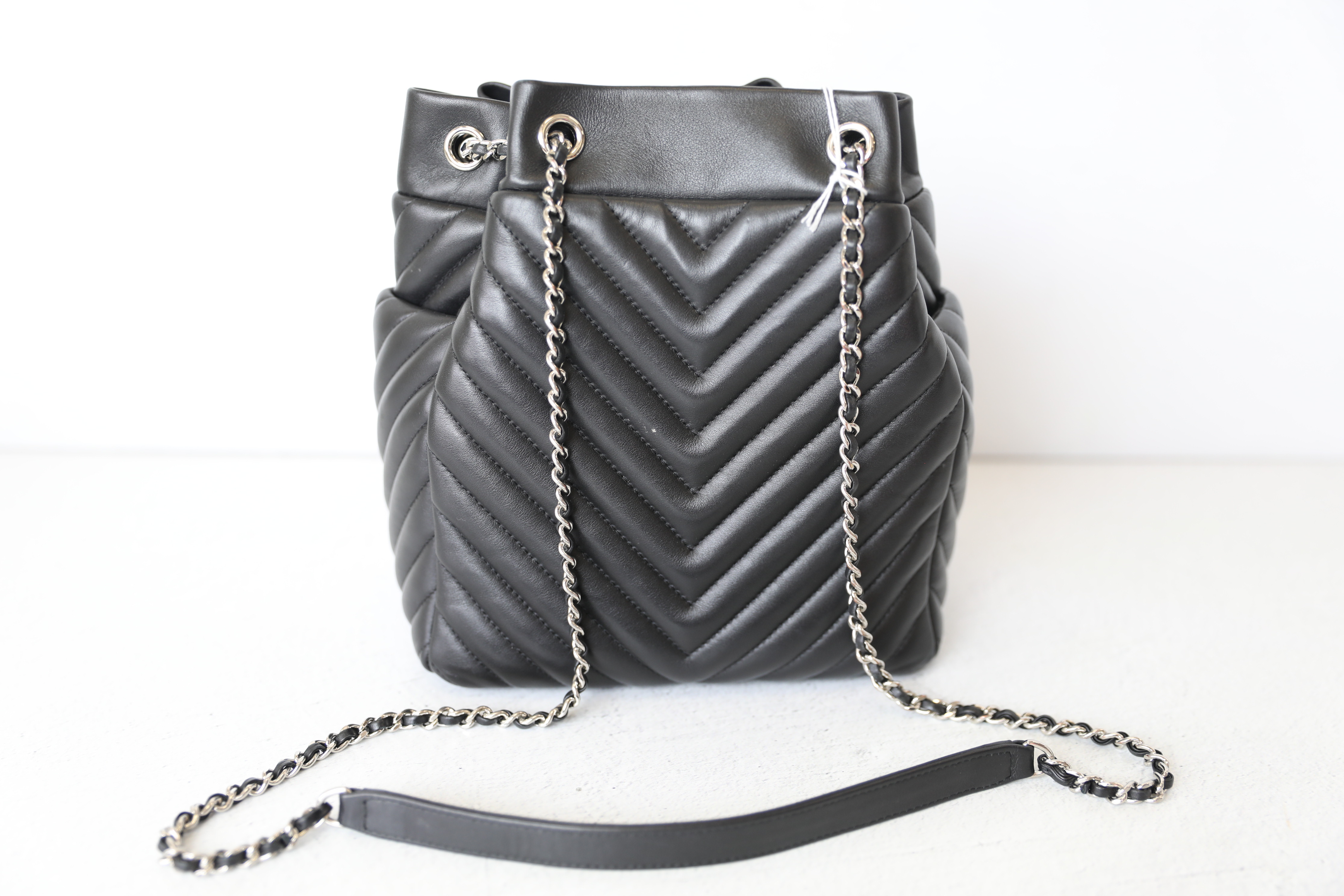 Chanel Urban Spirit Drawstring Chevron Quilted Bucket Bag, Black Calfskin  with Silver Hardware, Preowned No Dustbag WA001