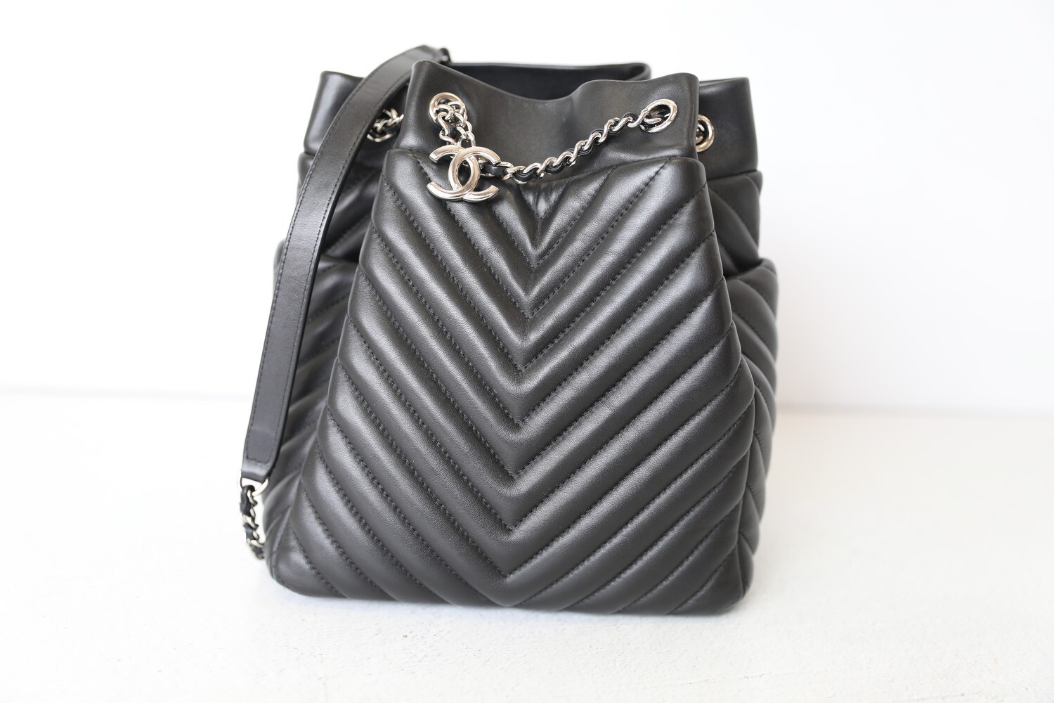 Chanel Urban Spirit Drawstring Chevron Quilted Bucket Bag Black Calfskin with Silver Hardware Preowned No Dustbag