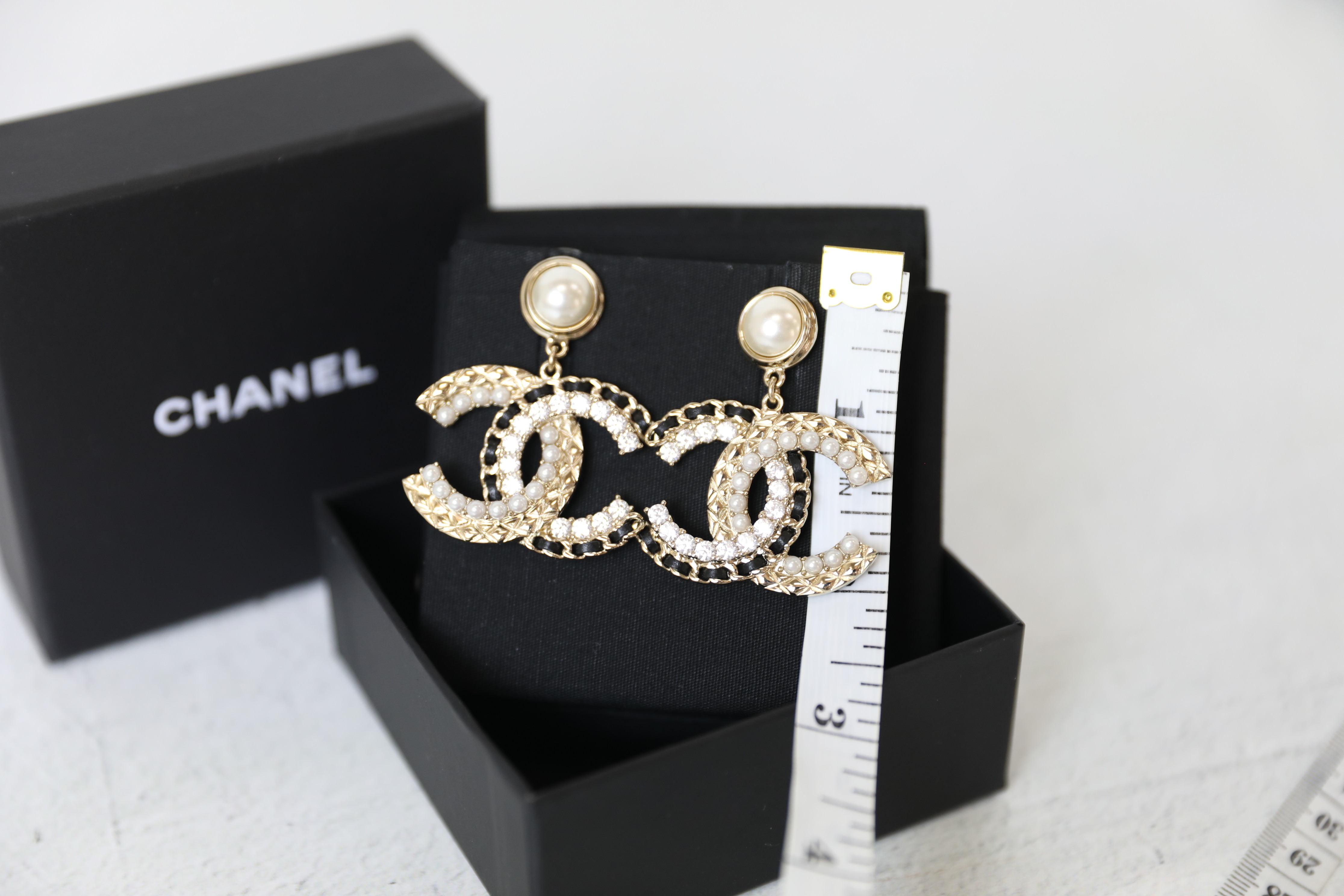 Chanel Earrings Pearl Drop Earrings with Crystals and Black Stones, New in  Box GA001