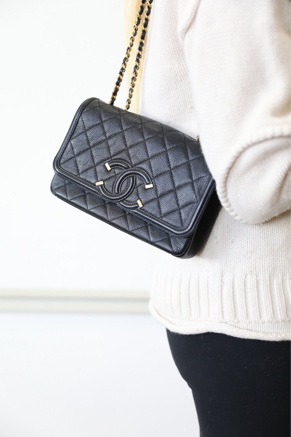 Chanel Filigree Small Flap Black Caviar with Gold Hardware Preowned in Box WA001 Julia Rose Boston Shop