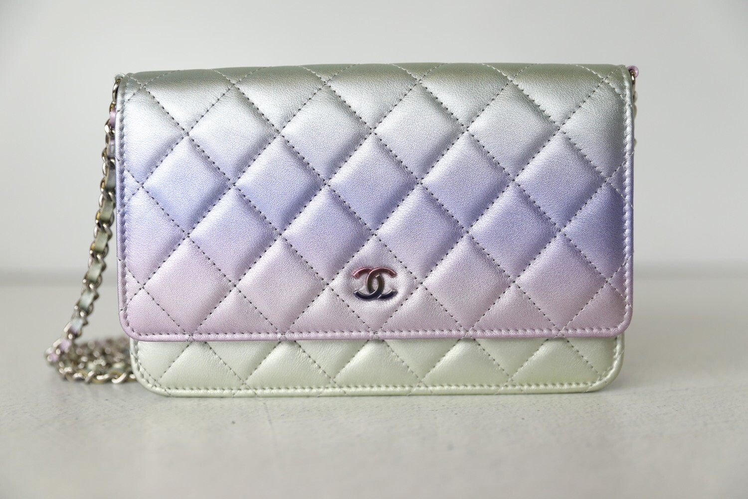 Chanel Wallet on Chain Pink Purple Ombre with Rainbow and Silver Hardware New in Box WA001