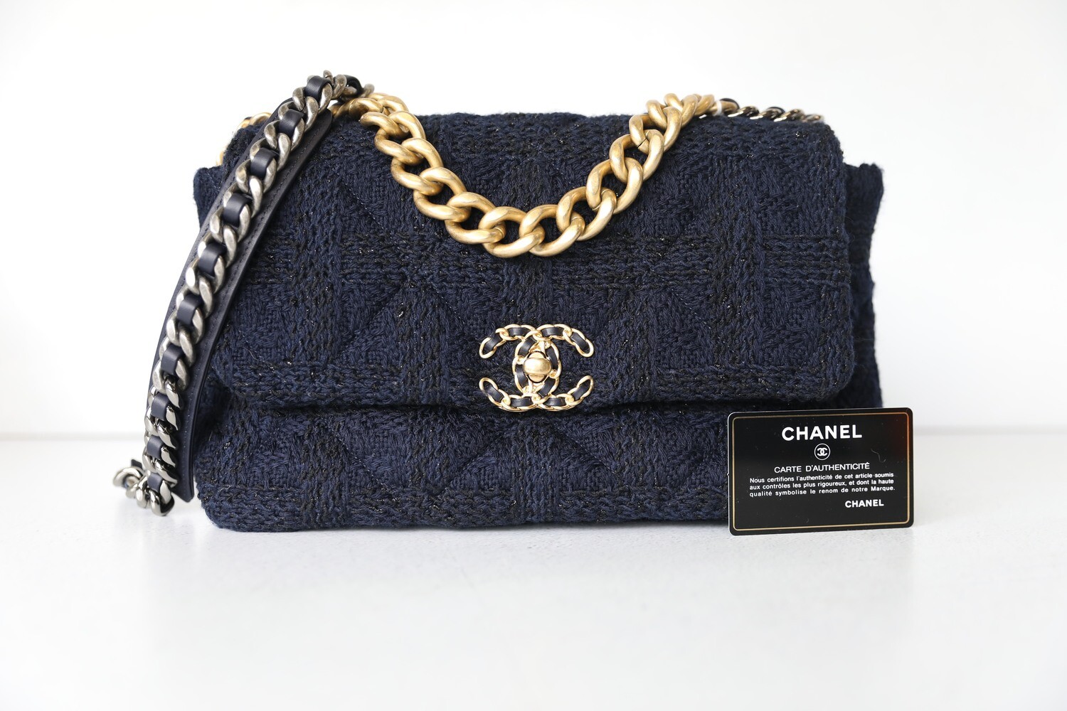 Chanel 19 Small, Navy Ribbon Tweed, Preowned in Box WA001 - Julia Rose  Boston