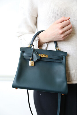 Hermes Kelly 25, Dark Green Vert Cypress Swift Leather with Gold