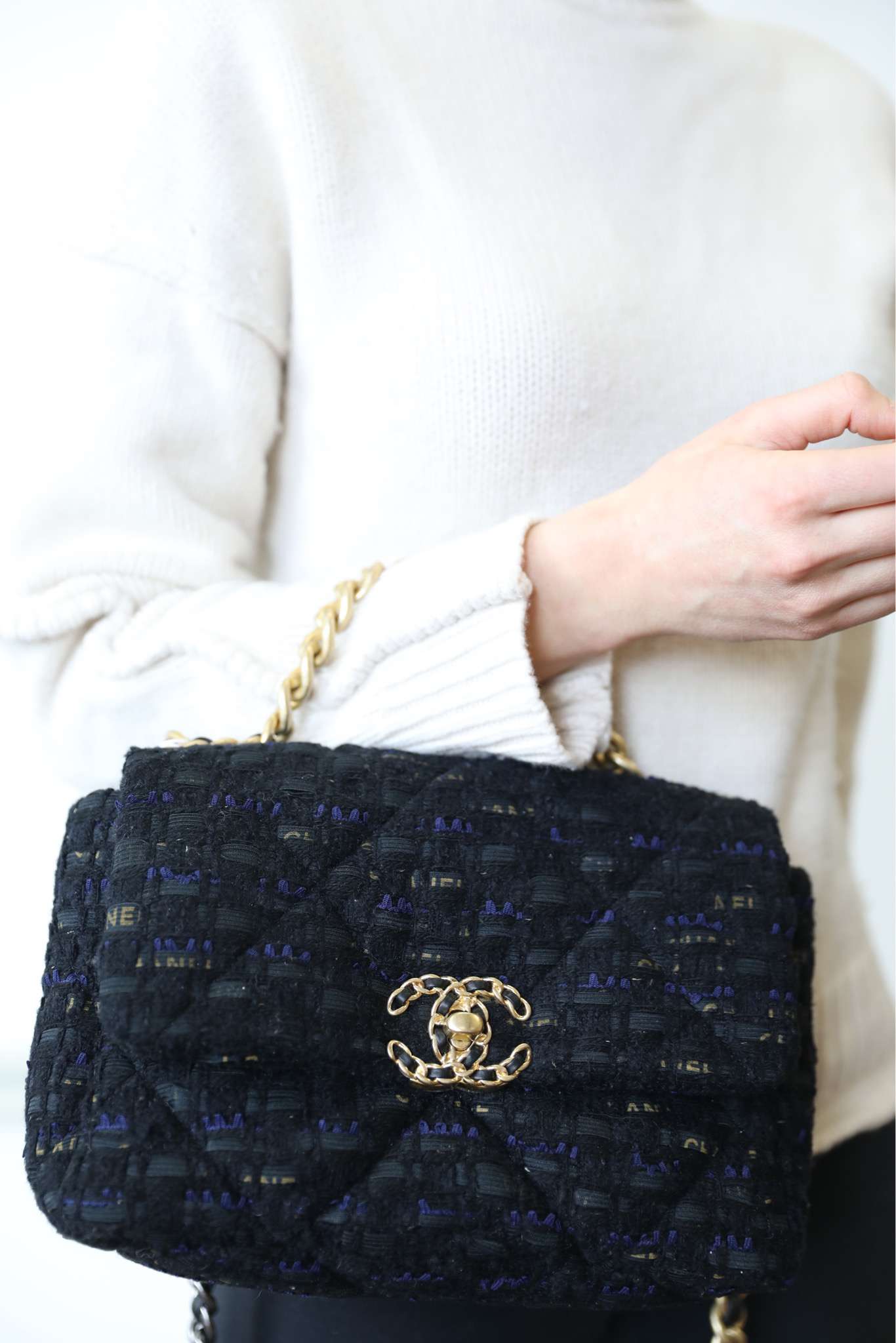 Chanel 19 Small, Navy Ribbon Tweed, Preowned in Box WA001