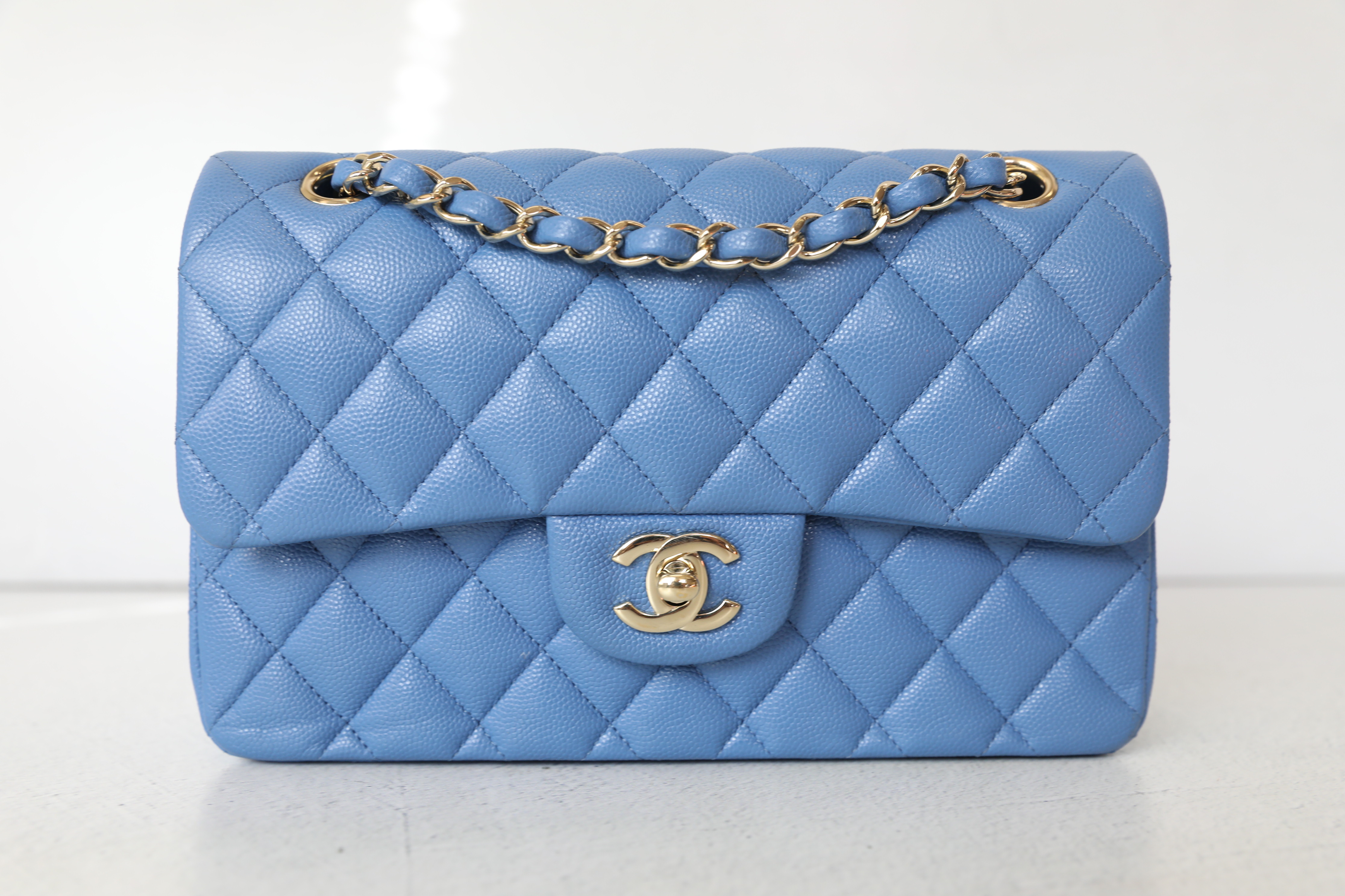 Chanel Classic Small, Blue Caviar with Gold Hardware, Preowned in Box WA001