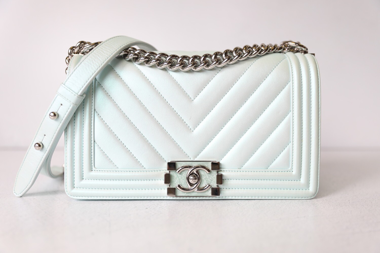 Chanel Boy Old Medium, Iridescent Blue Chevron Leather with Silver  Hardware, Preowned in Box WA001