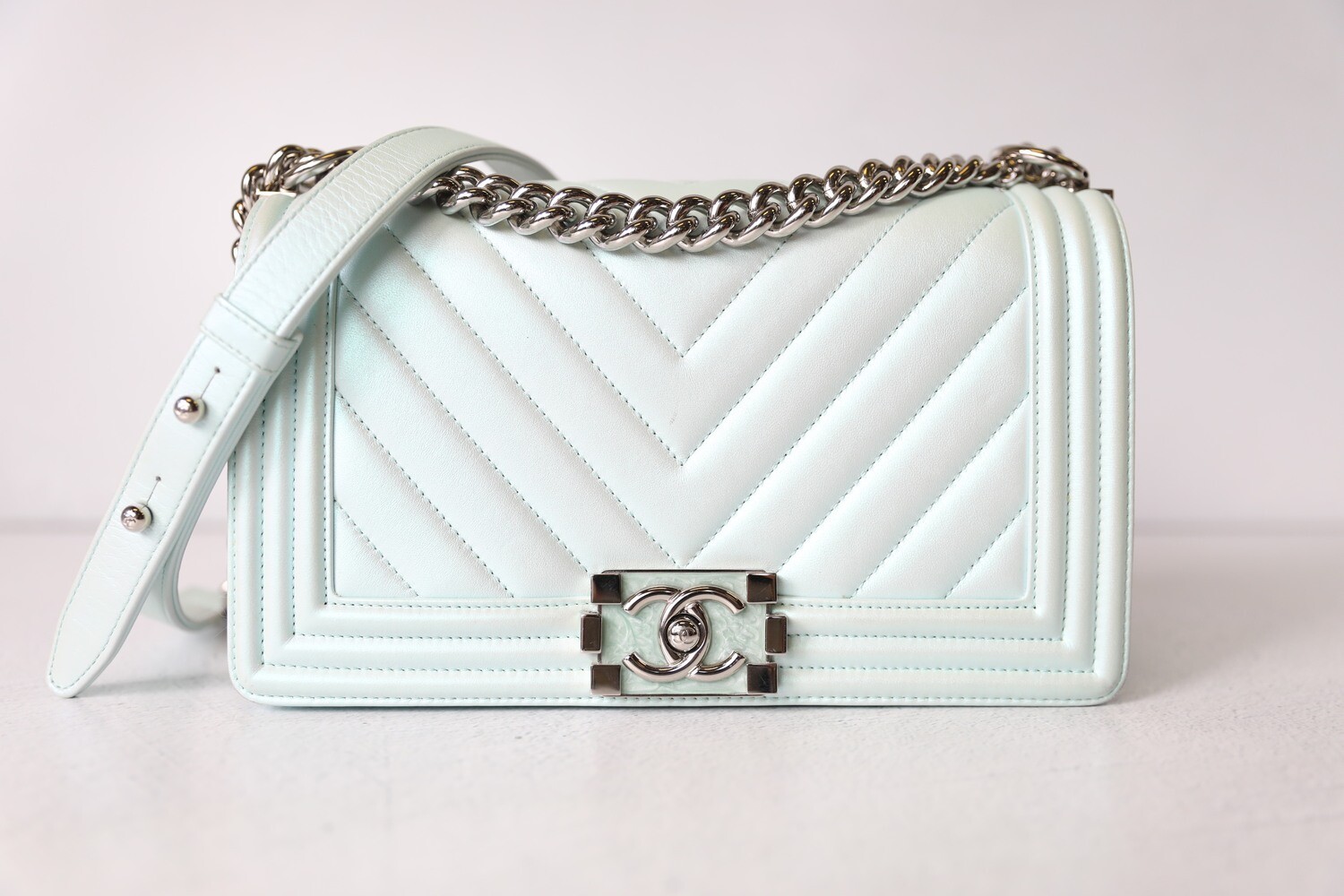 Chanel Top Handle Mini Rectangular, Iridescent White Caviar with Silver  Hardware, Preowned in Box WA001