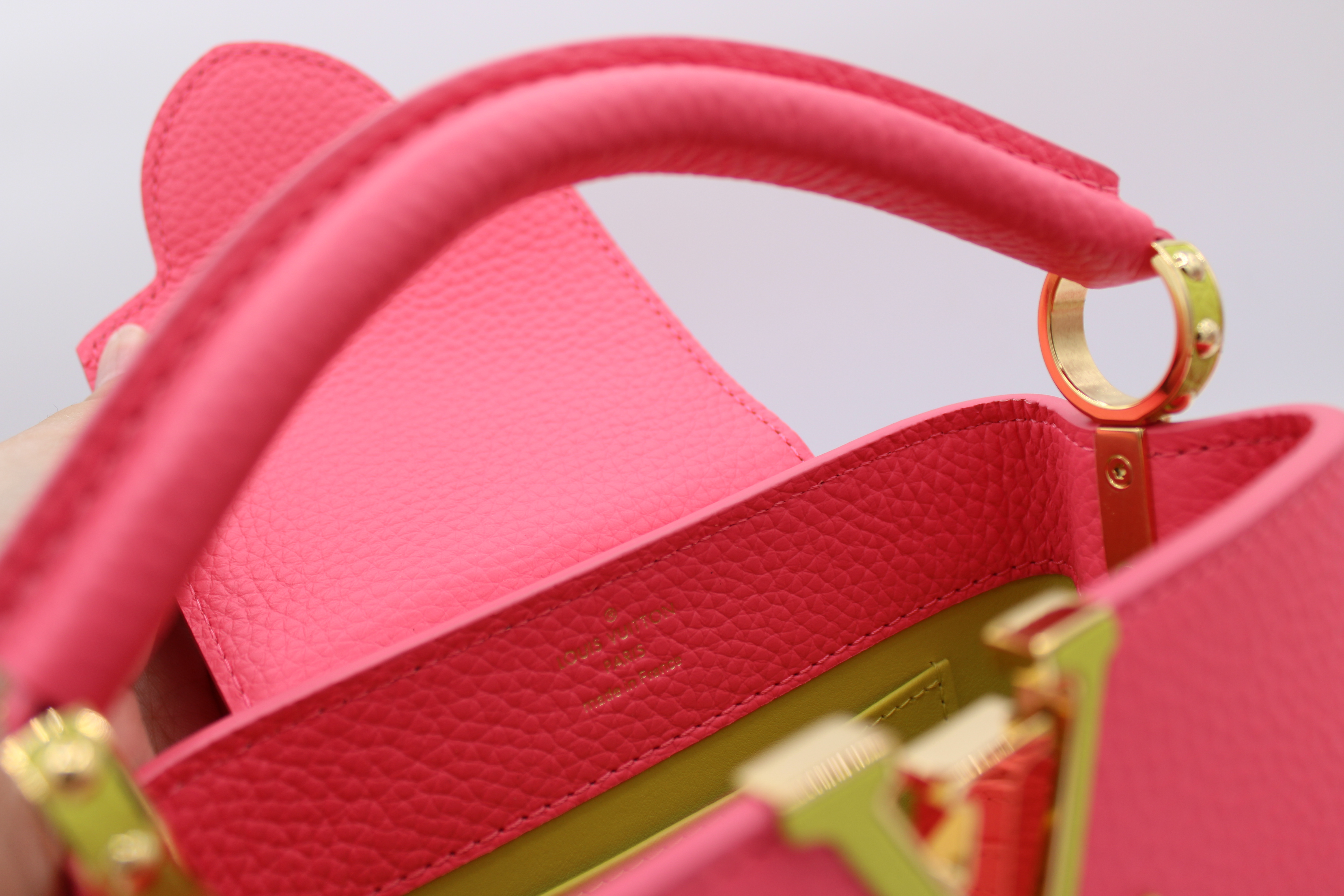 Louis Vuitton Capucines Mini, Neon Pink and Lime Green Taurillon Leather,  Preowned in Box CMA001