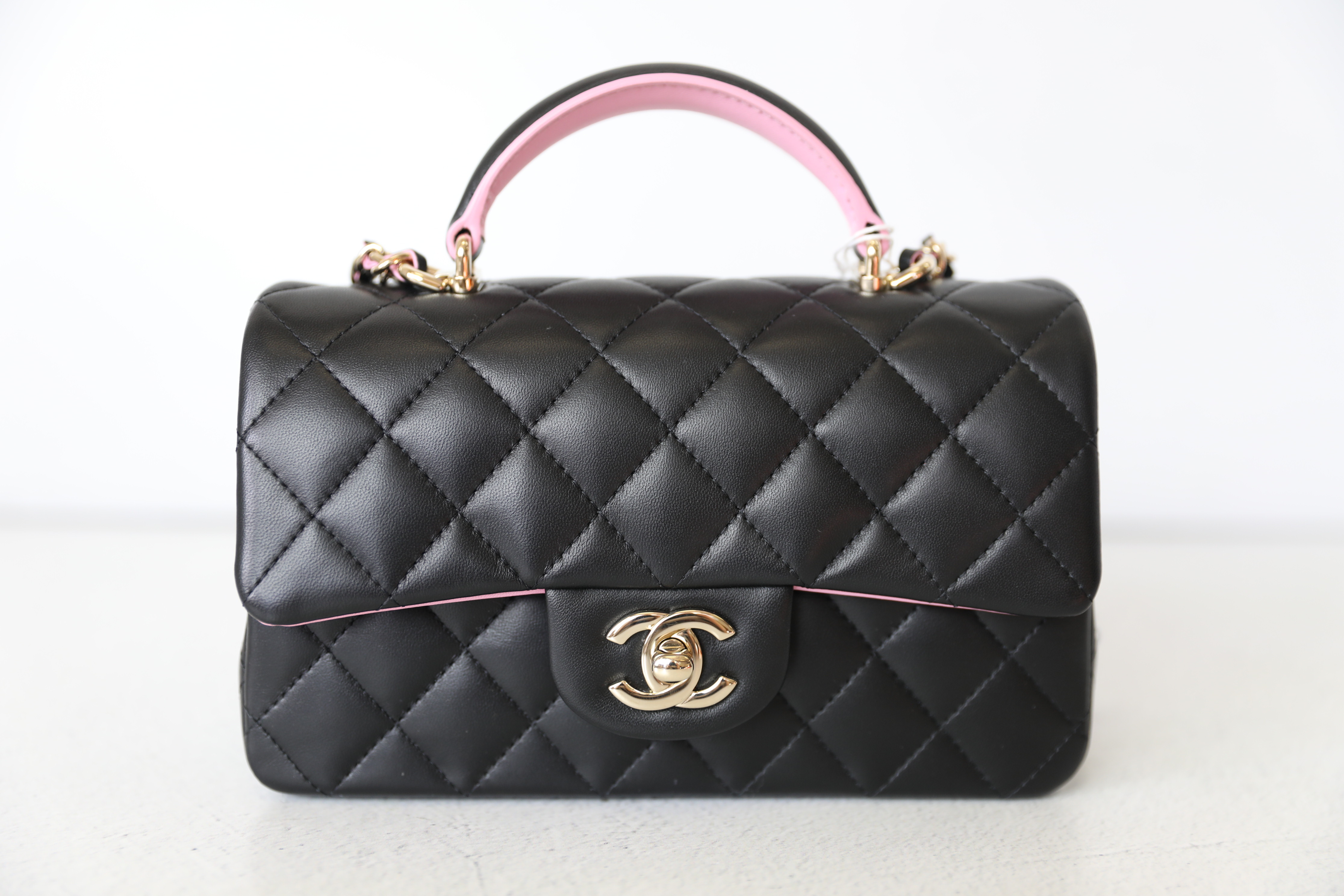 Chanel Mini Rectangular Top Handle, Black and Pink Lambskin with