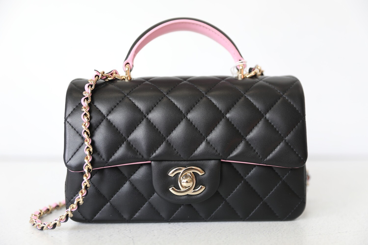Chanel Mini Rectangular Top Handle, Black and Pink Lambskin with Gold  Hardware, New in box WA001
