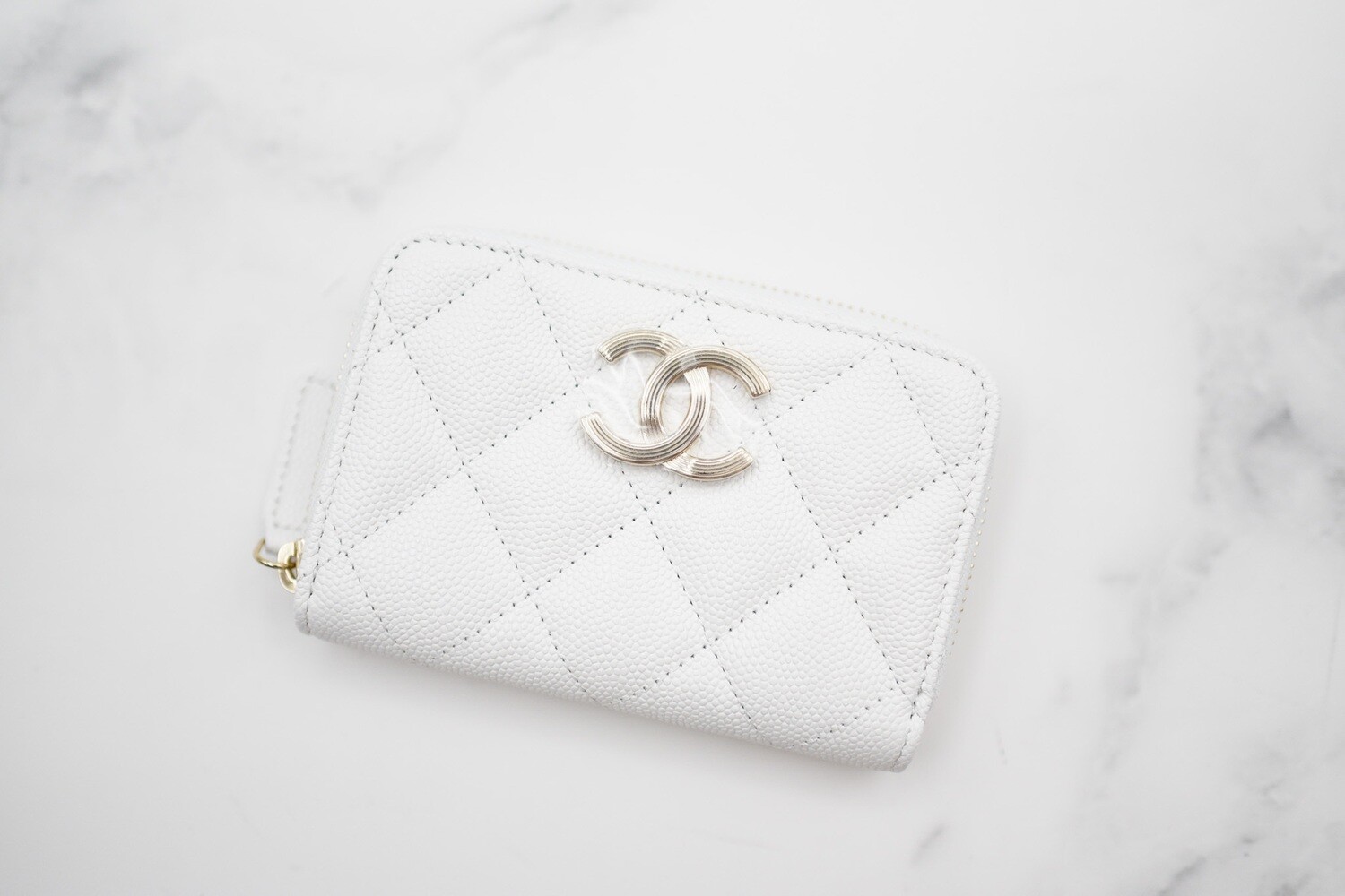 Chanel SLG Zip Cardholder, Large CC, White Caviar Leather with Gold Hardware, New in Box GA001