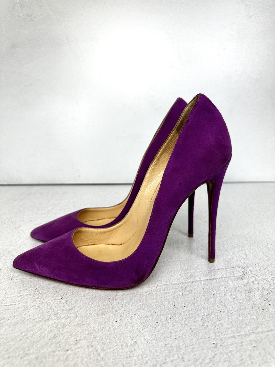 Christian Louboutin Pumps, Purple Suede Heels, Size 39.5, Preowned in Dustbag, CMA01