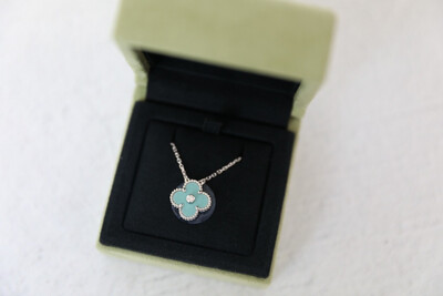 Van Cleef & Arpels VCA Holiday Alhambra Pendant Necklace, 18k White Gold with Light Green Celadon, Preowned In Box WA001