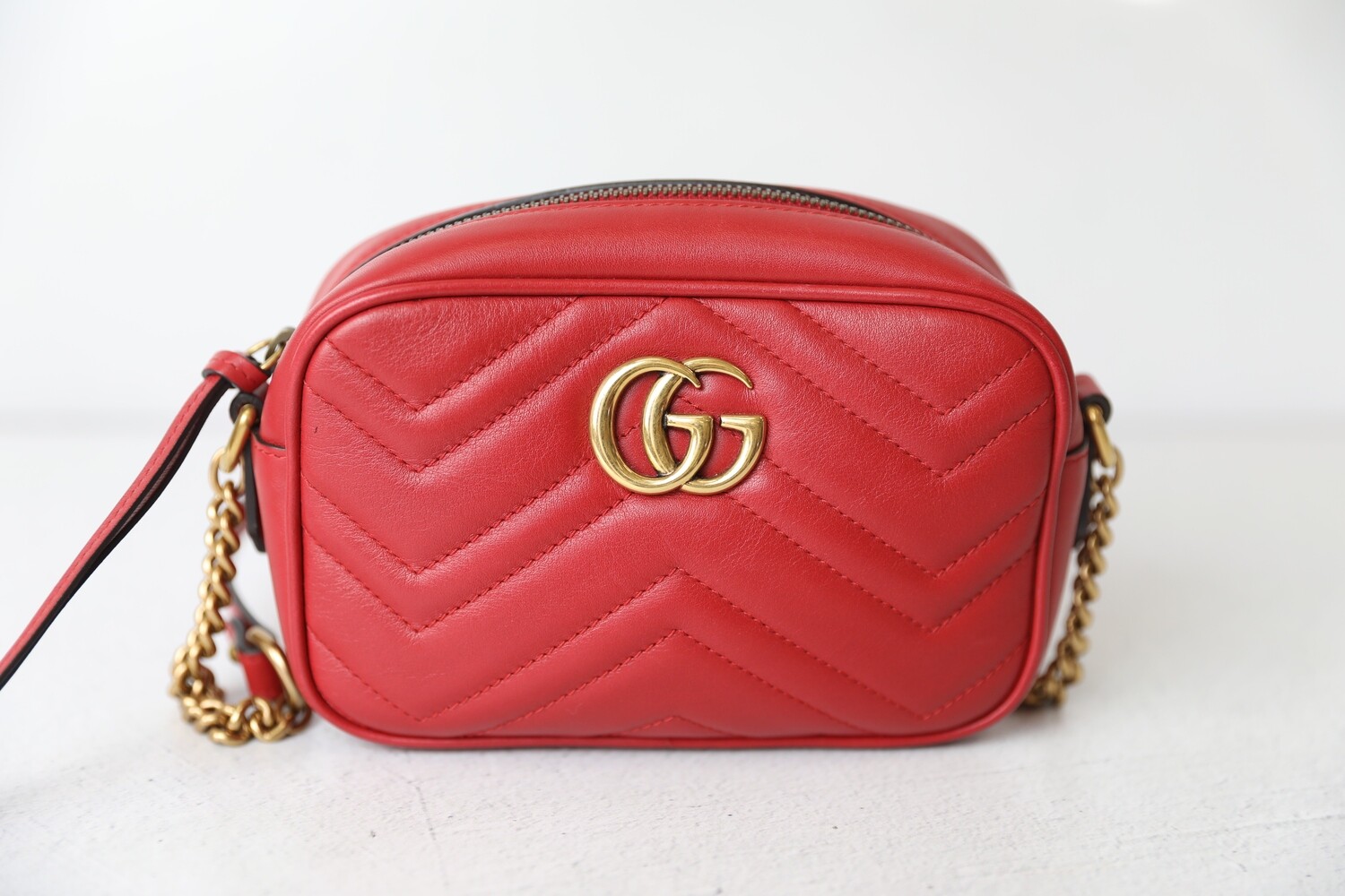 Gucci Marmont Mini Camera Bag, Hibiscus Red, Gold Hardware, Preowned in