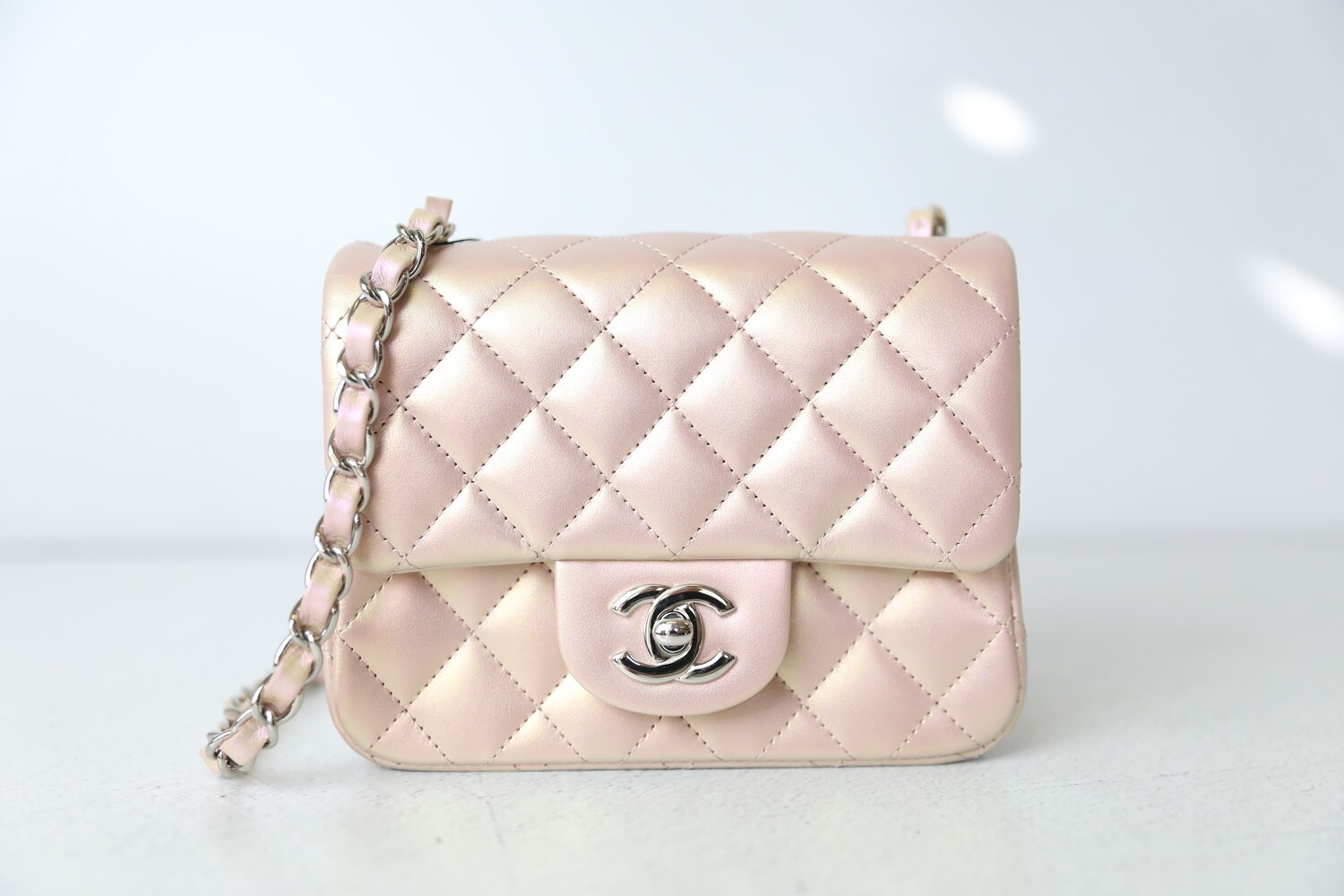 Chanel Classic Mini Square Single Flap, Pink Iridescent Calfskin Leather with Silver Hardware, Preowned In Box WA001