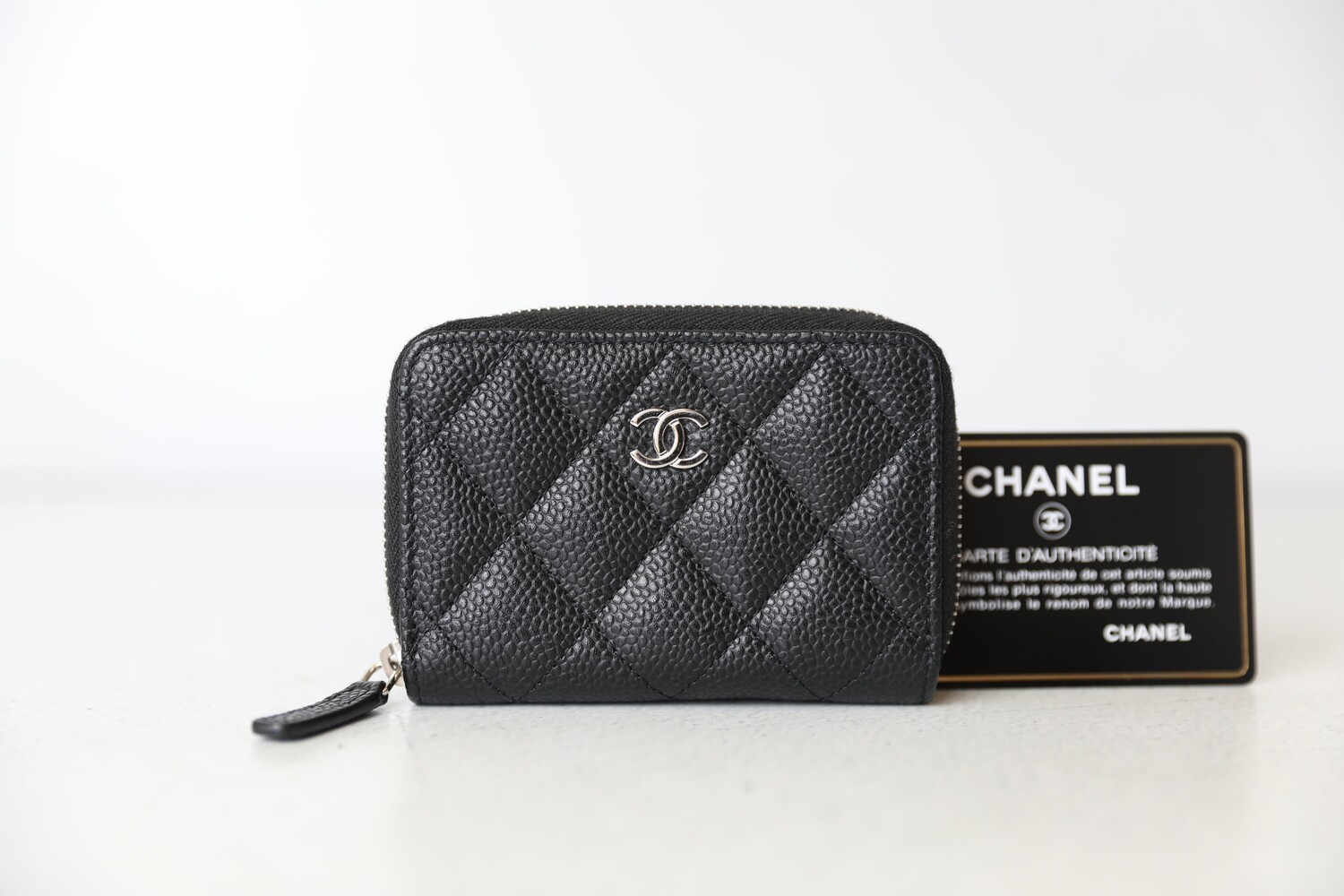 Chanel Zip Around Card Case Wallet, Black Caviar, Silver Hardware, Preowned in Box, WA001