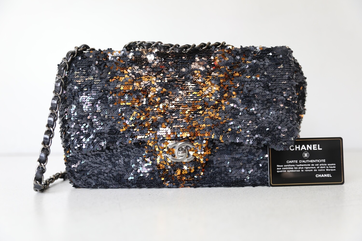 Chanel Medium Sequins Flap, Gold And Navy Blue, Silver Hardware, Preowned No Dustbag, WA001