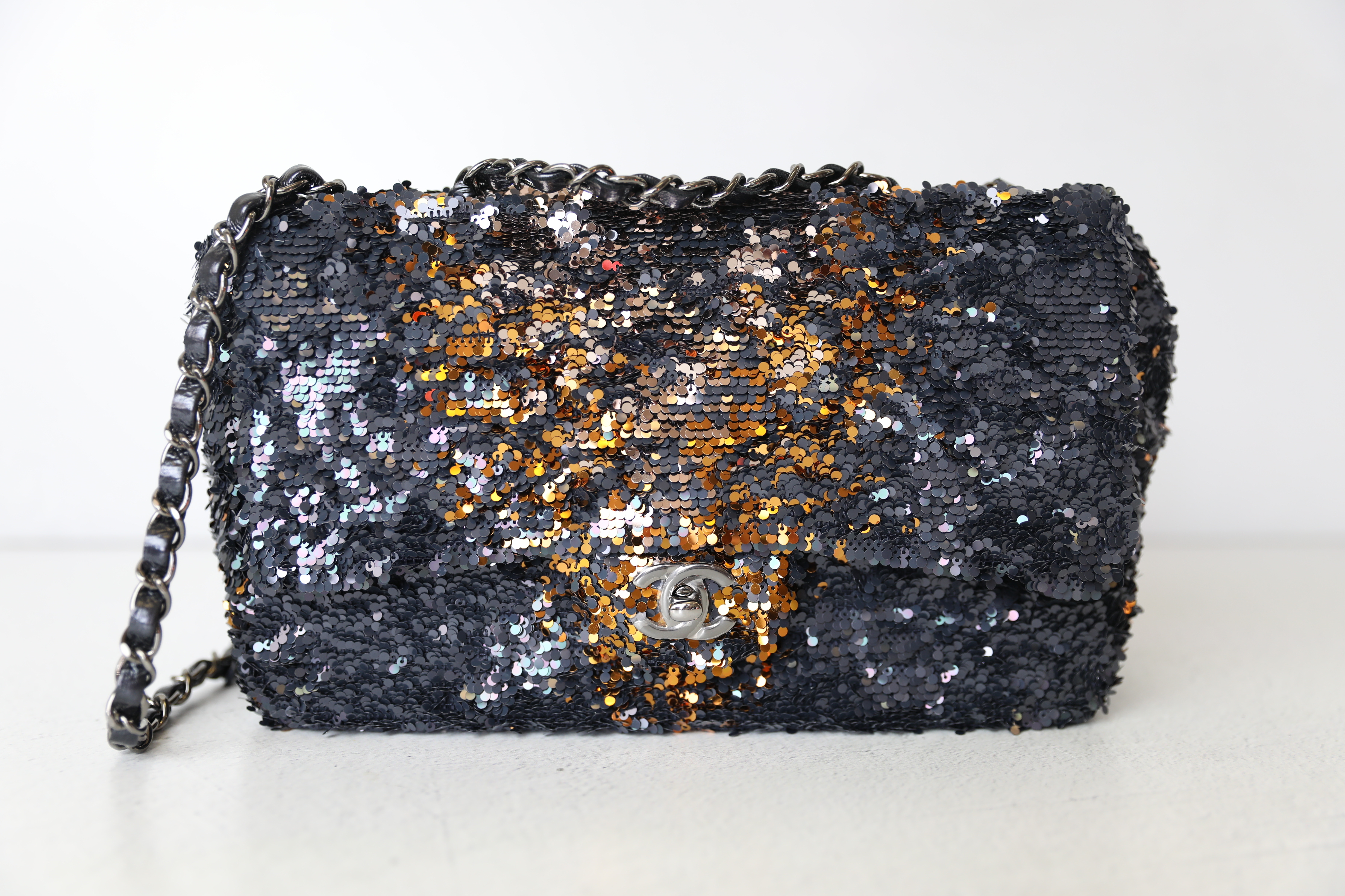 Chanel Medium Sequins Flap, Gold And Navy Blue, Silver Hardware, Preowned  in Box WA001