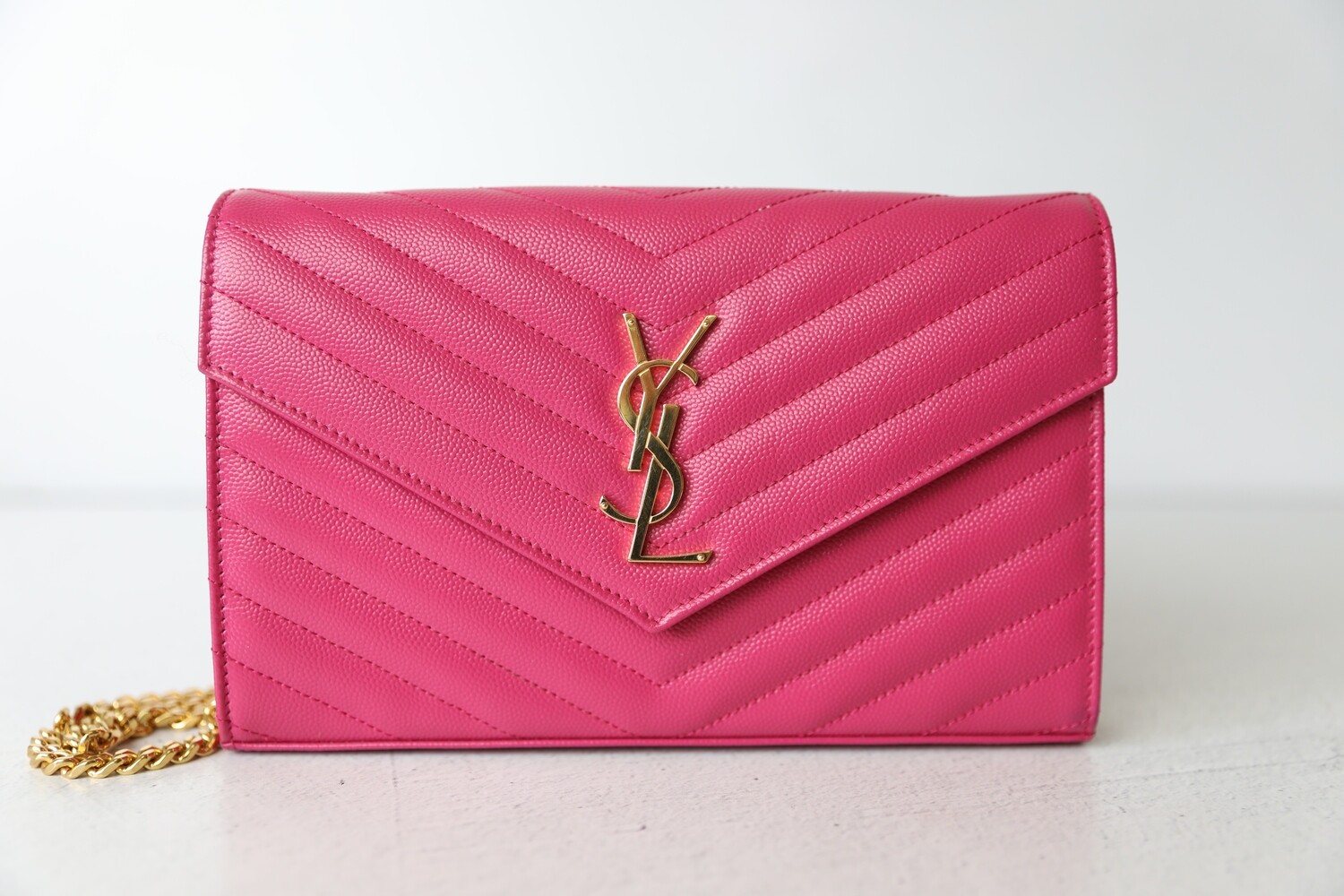 Saint Laurent Wallet on Chain, Pink with Gold Hardware, Preowned in Box WA001