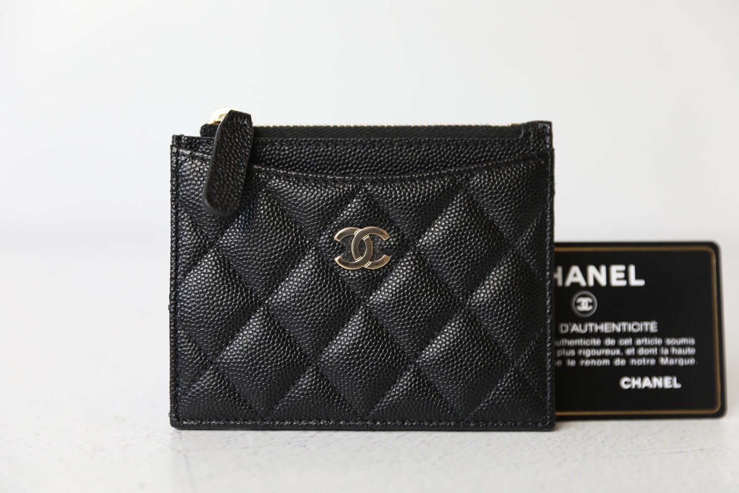 Chanel Zip Top Card Holder, Black Leather, Preowned, WA001
