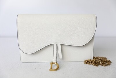 Christian Dior Saddle Wallet on Chain, White Leather, Preowned in Box WA001