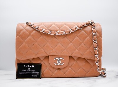 Chanel Classic Jumbo Double Flap, Caramel Brown Caviar Silver Hardware, Preowned in Dustbag GA001