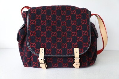 Gucci GG Baby Diaper Bag, Navy With Red, Brown Leather handle, Silver Hardware, Preowned No Dustbag WA001