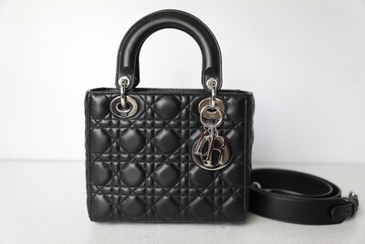Christian Dior Lady Dior Medium, Black with Silver Hardware, Preowned in Dustbag WA001
