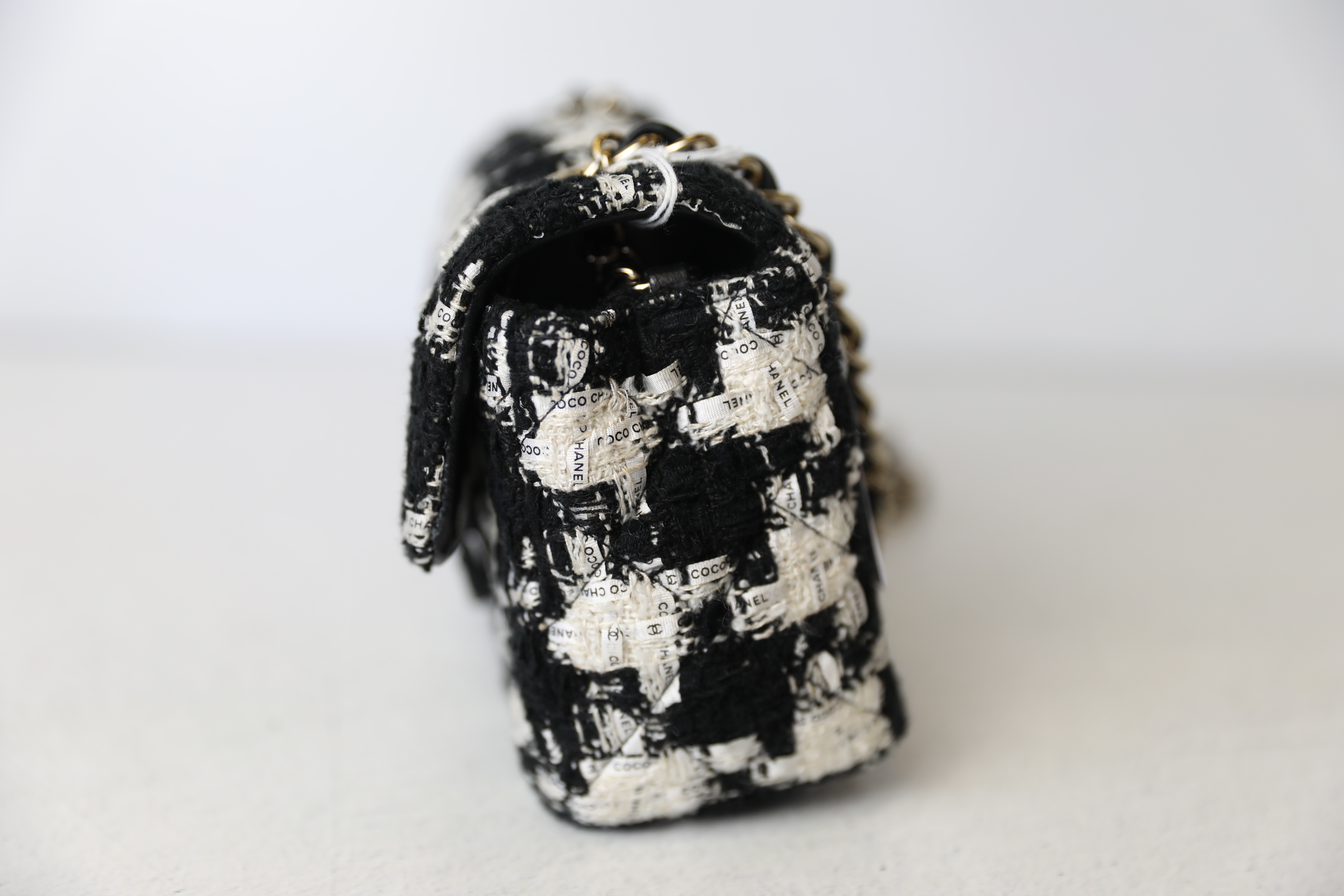 Chanel Classic Mini Rectangular Single Flap, Black and White Ribbon Tweed  with Gold Hardware, Preowned in Dustbag WA001