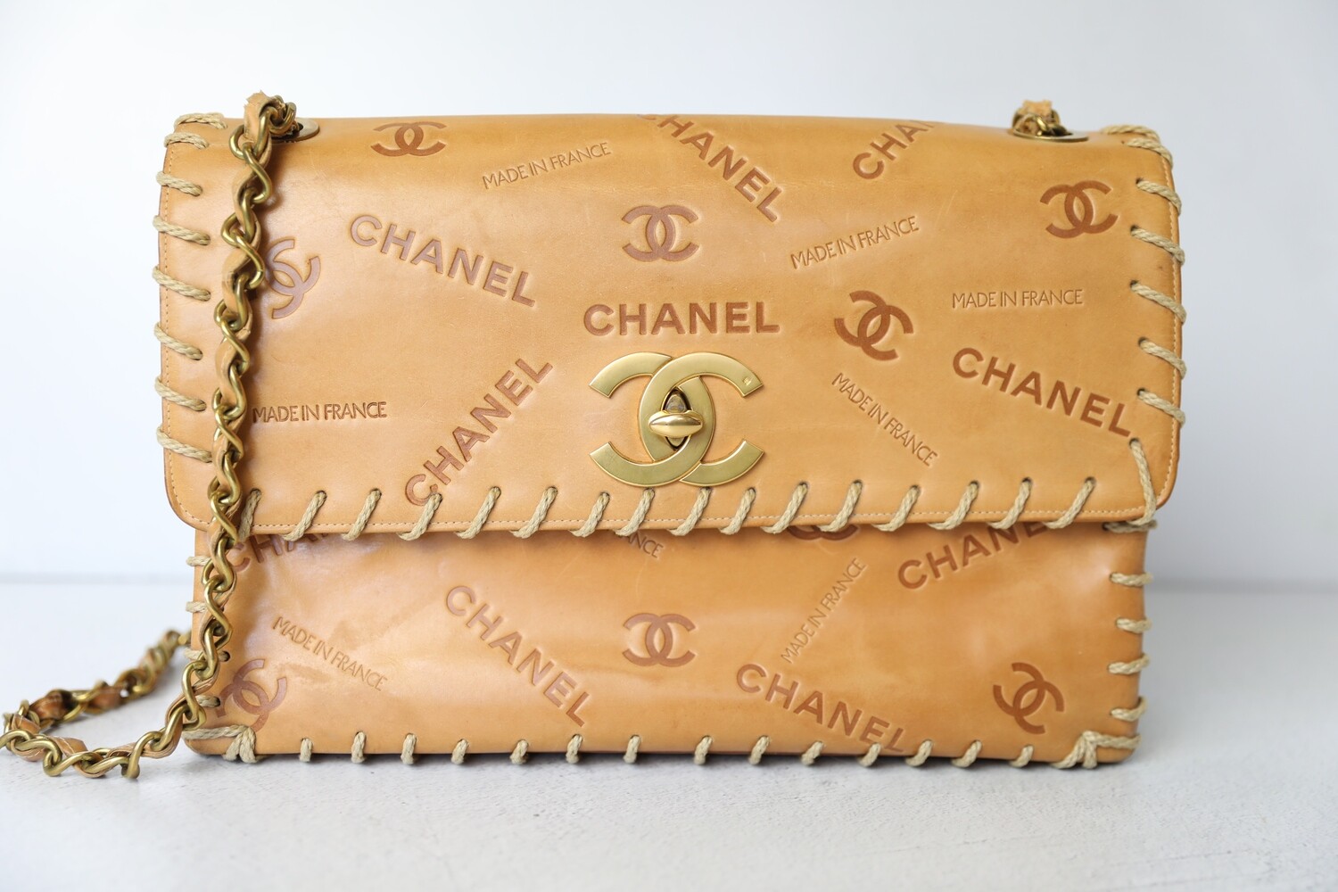 Chanel Vintage Whipstitch Flap, Brown Embossed with Gold Hardware, Preowned  in Dustbag WA001