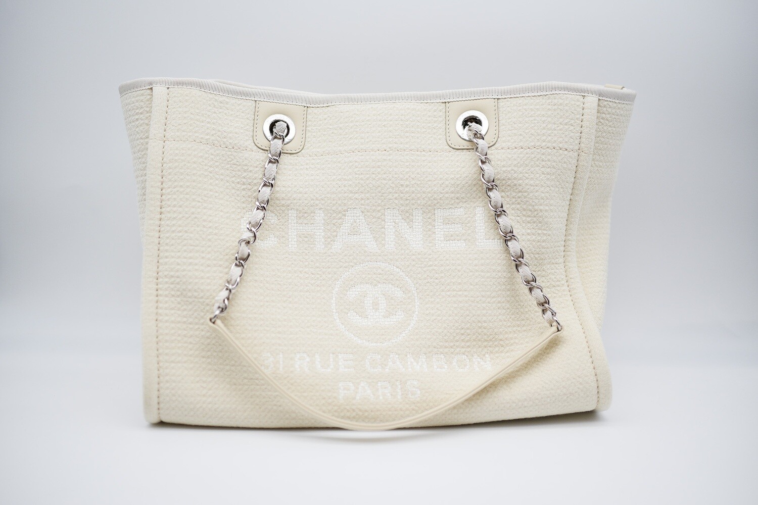 Chanel Deauville Small, Ivory Canvas with Pouch, Silver Hardware, New in Dustbag MA001