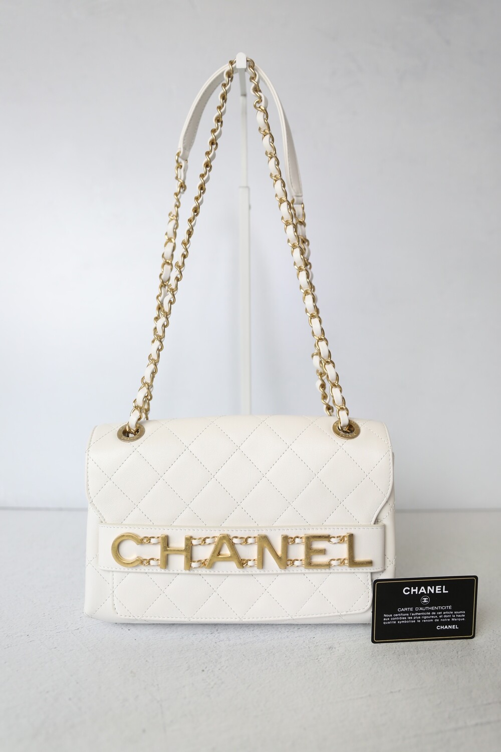 Chanel Enchained Flap Medium, White Leather with Brushed Gold Hardware,  Preowned in Dustbag CMA001 - Julia Rose Boston