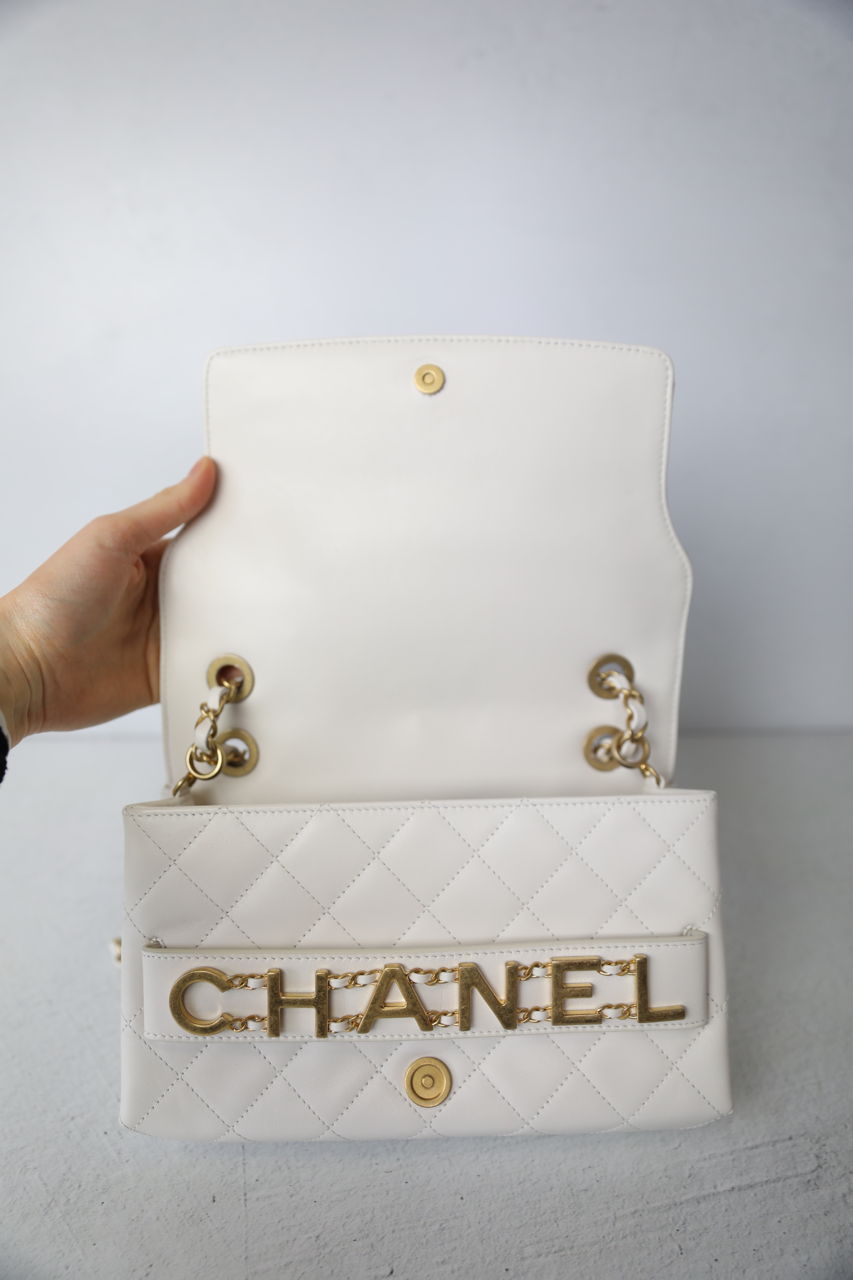 Chanel Enchained Flap Medium, White Leather with Brushed Gold