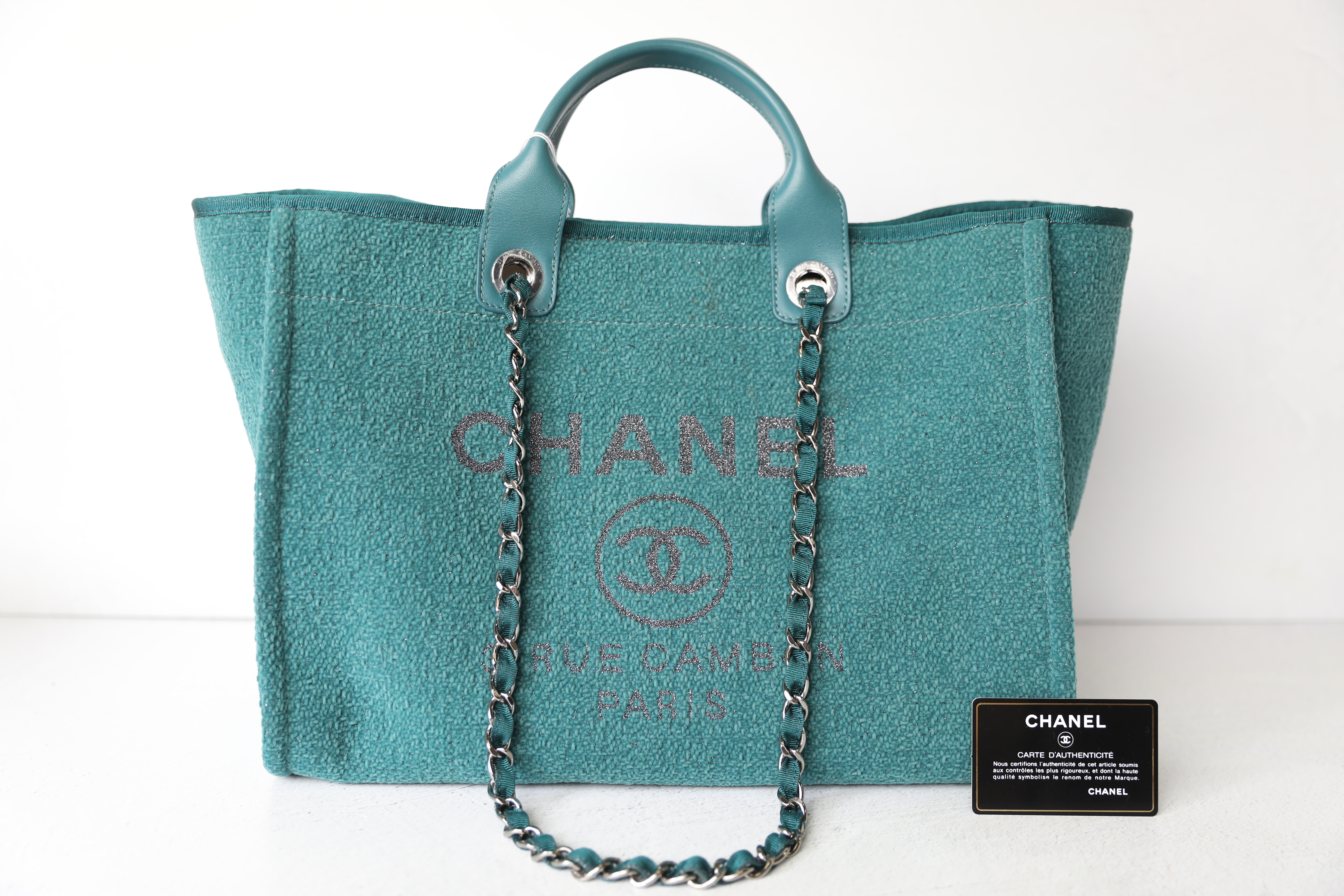 Chanel Deauville Large, Green Tweed with Silver Hardware