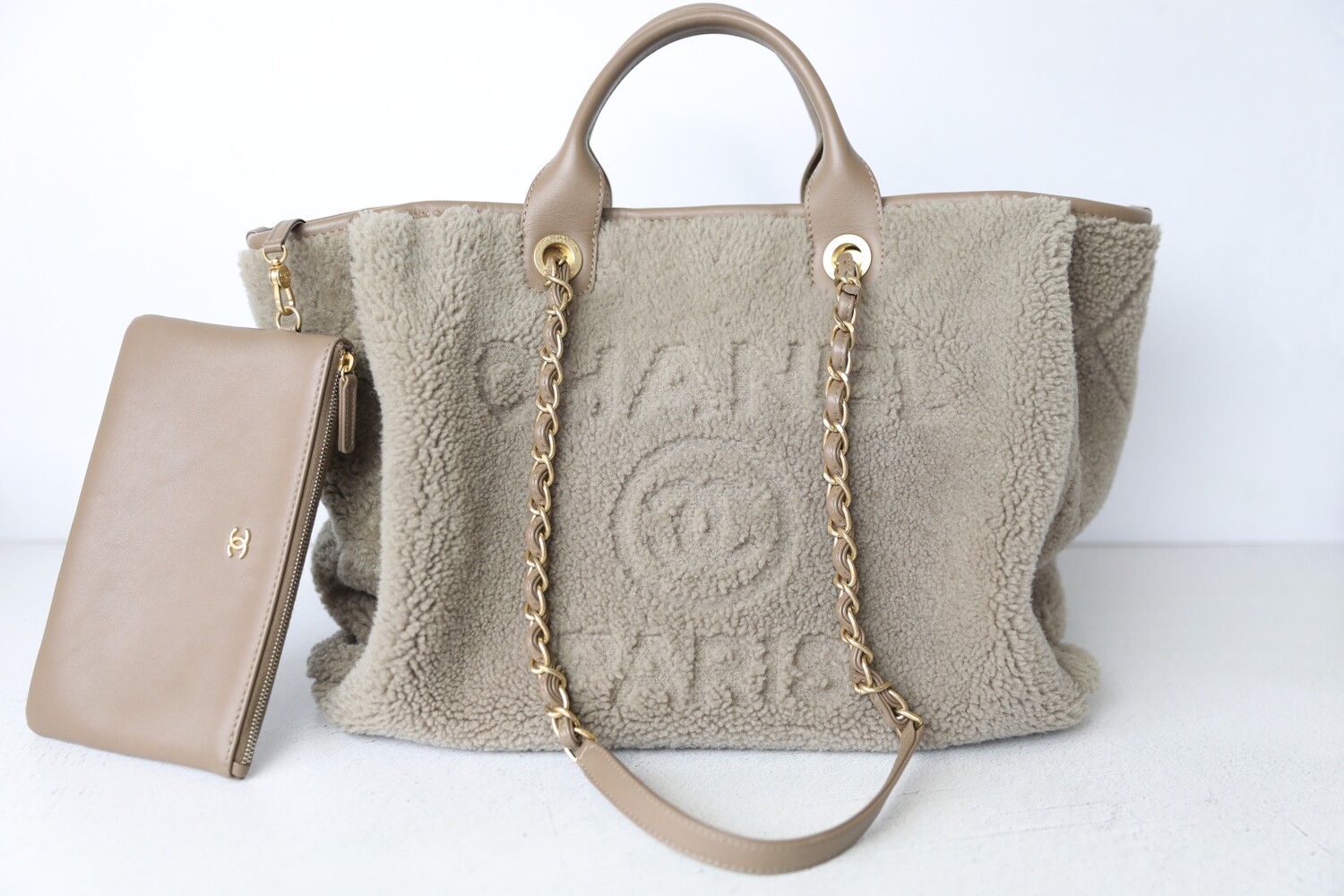 Chanel Deauville Large, Brown Shearling with Gold Hardware, Preowned in Box WA001