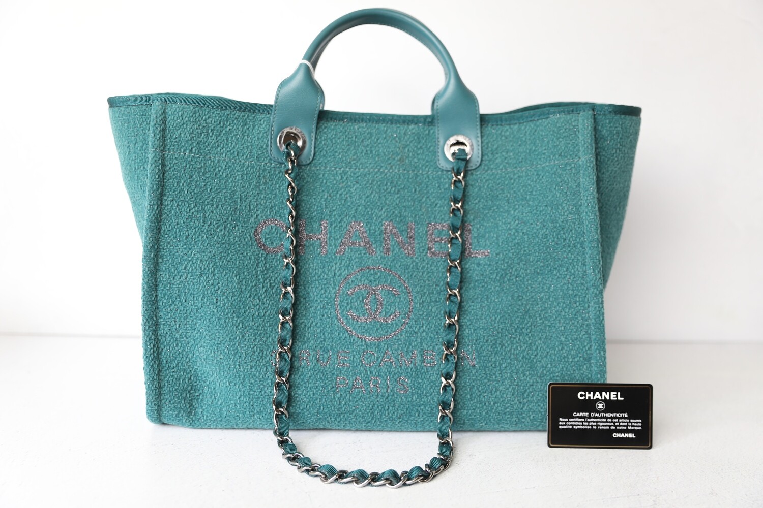 Chanel Deauville Large, Green Tweed with Silver Hardware, Preowned