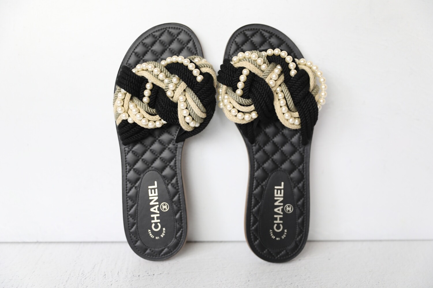 Chanel Rope and Pearl Slide Sandals, Black and White, Size 41, New in  Dustbag WA001