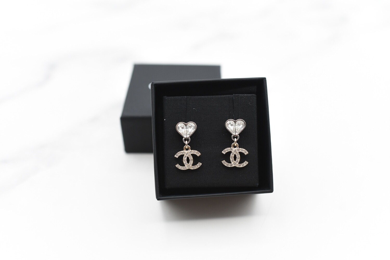 Chanel Earrings Crystal CC Split Heart Drop, Silver and Gold Hardware, New  in Box GA001