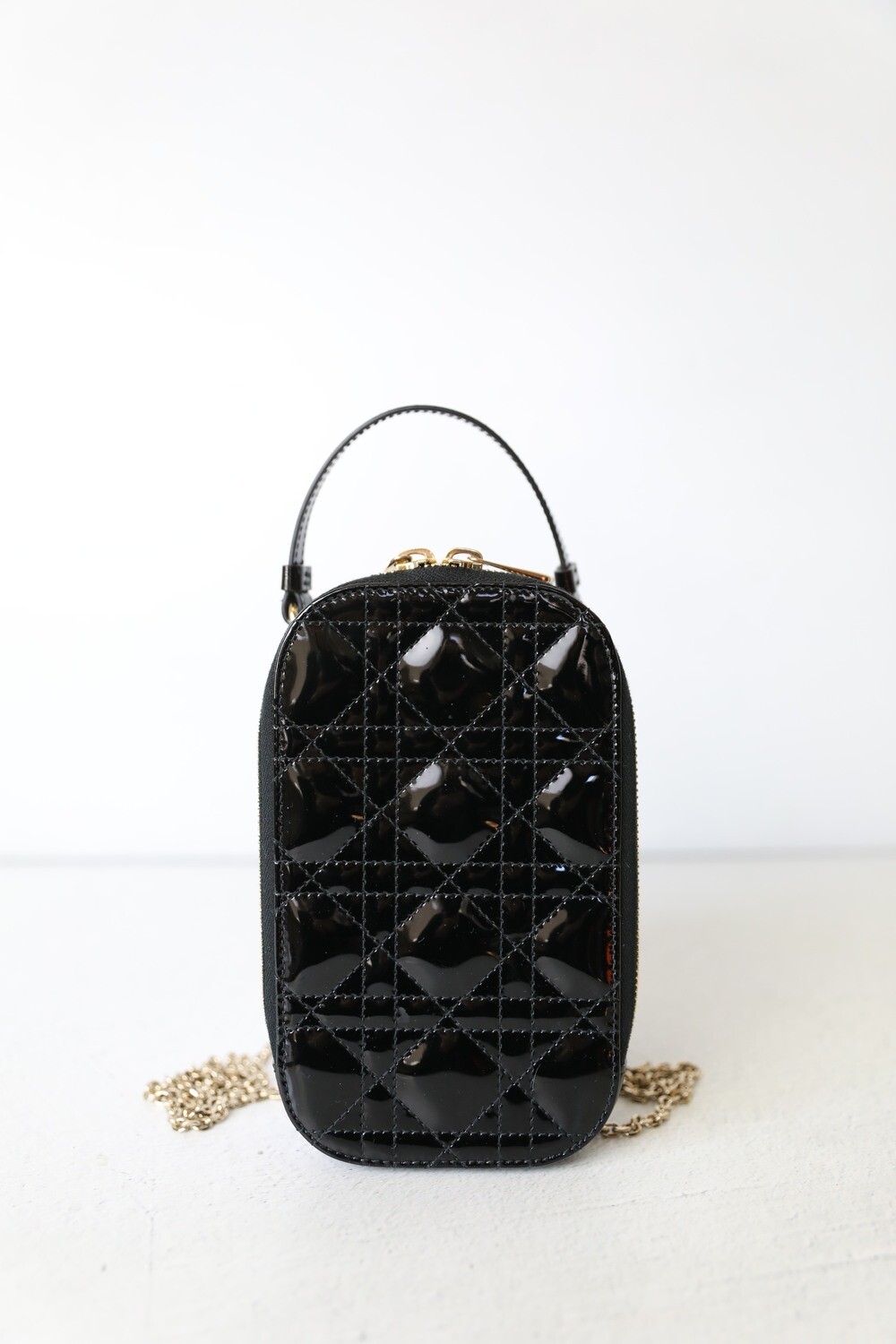 Christin Dior Lady Dior Phone Pouch Black Patent With Gold Hardware dior-lady-phone-pouch-latte-cannage-lambskin-editorialist