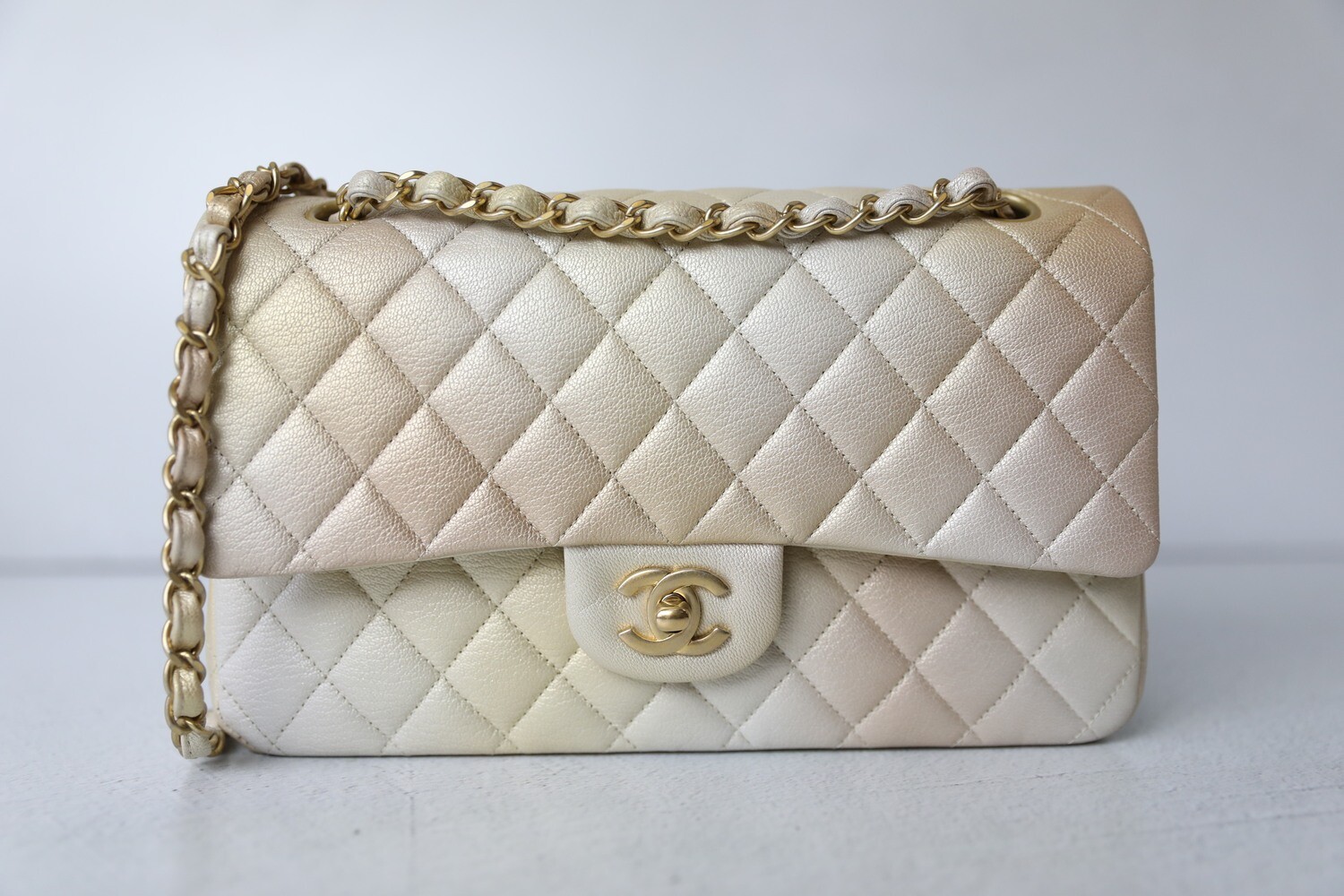 Chanel Cream Quilted Caviar Medium Classic Double Flap Silver