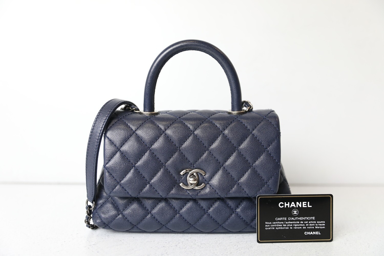 Chanel Coco Handle Mini, Navy Blue Caviar Leather with Ruthenium Hardware,  Preowned in Dustbag WA001