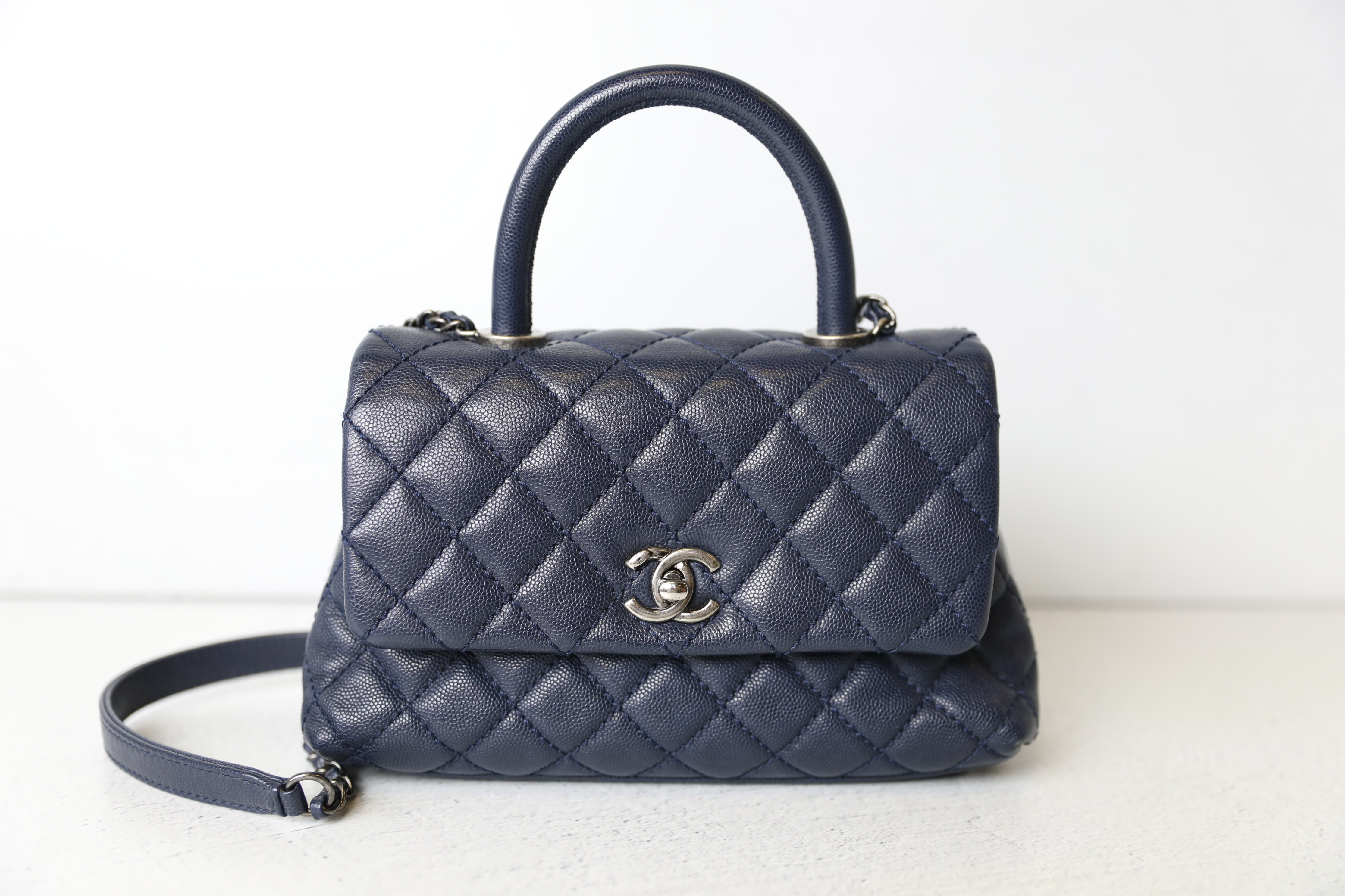 Chanel Coco Handle Mini, Navy Blue Caviar Leather with Ruthenium Hardware,  Preowned in Dustbag WA001