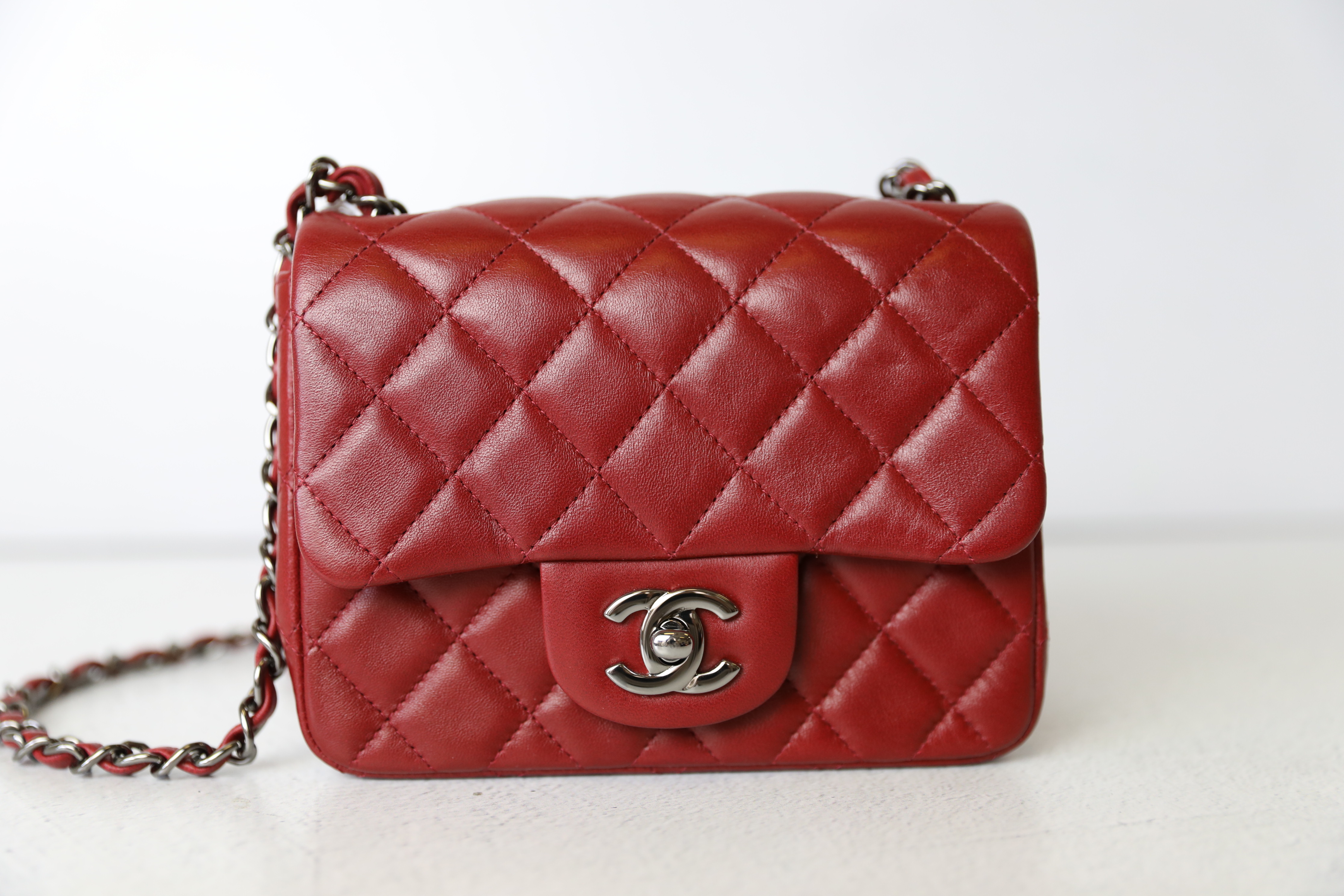 Chanel Classic Mini Square, 13B Red Lambskin with Silver